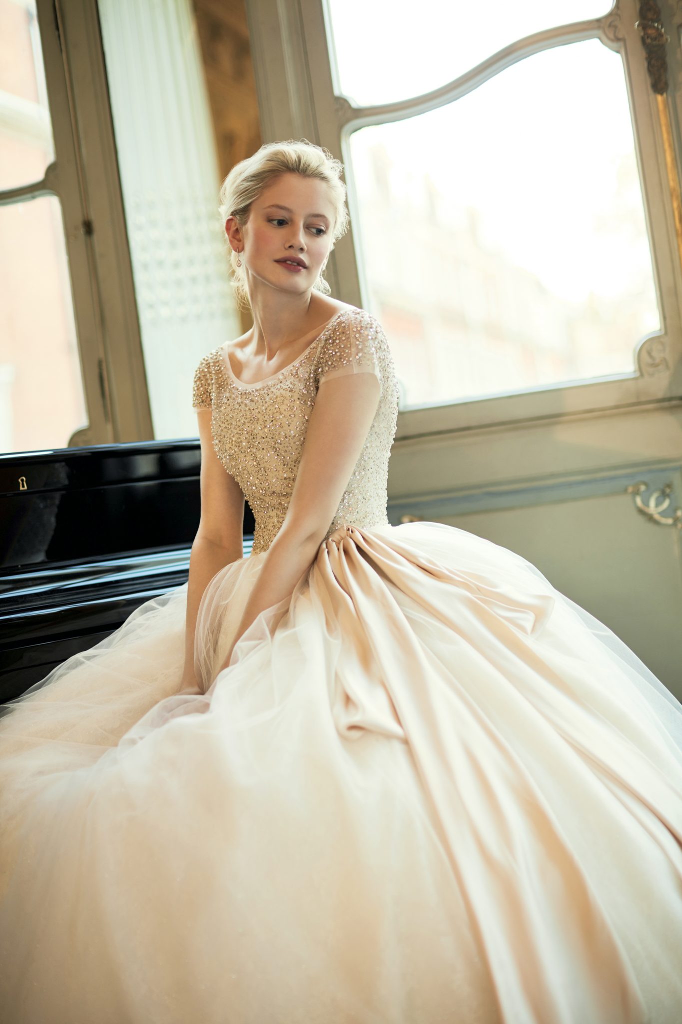 Phillipa Lepley Dress of the Week - couture tulle full gown with corset, sparkly top and coloured pink sash