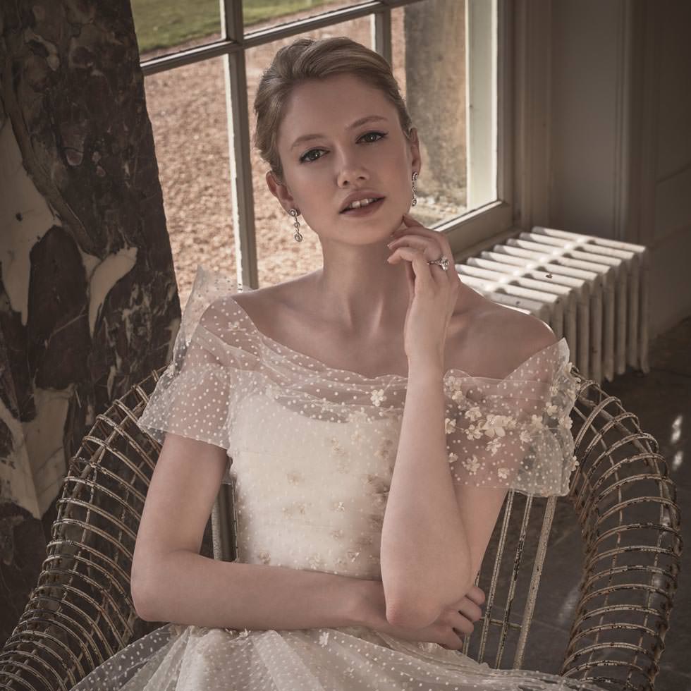 Phillipa Lepley Off the Shoulder Floral Couture Wedding Dress London UK British Wedding Dress Designer