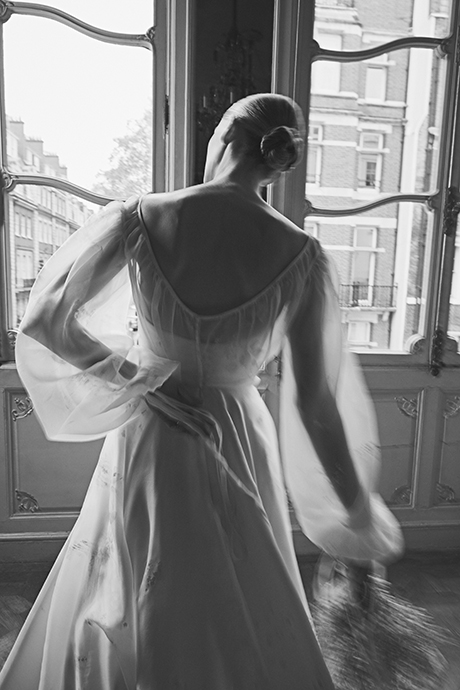 Phillipa Lepley Couture Wedding Dress London UK Designer Bespoke Couture Vienna Wisteria Organza Ivory Printed Wisteria Floral Organza Wedding Gown Billow Sleeve