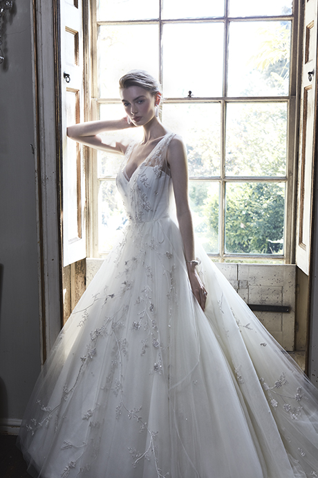 Phillipa Lepley Couture Wedding Dress London UK Designer Bespoke Couture Frothy Flowers Bespoke Floral Embroidered Tulle Wedding Dress With Corset Long Train Tulle V Straps 905 460 x 490
