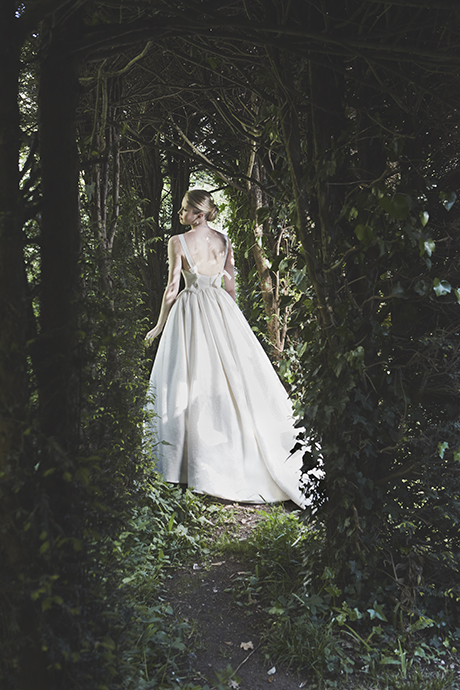 Phillipa Lepley Couture Wedding Dress London UK Designer Bespoke Couture Toulouse Suffolk Brocade Gathered Waist Pinafore Strap Bows at Back Long Train Corset