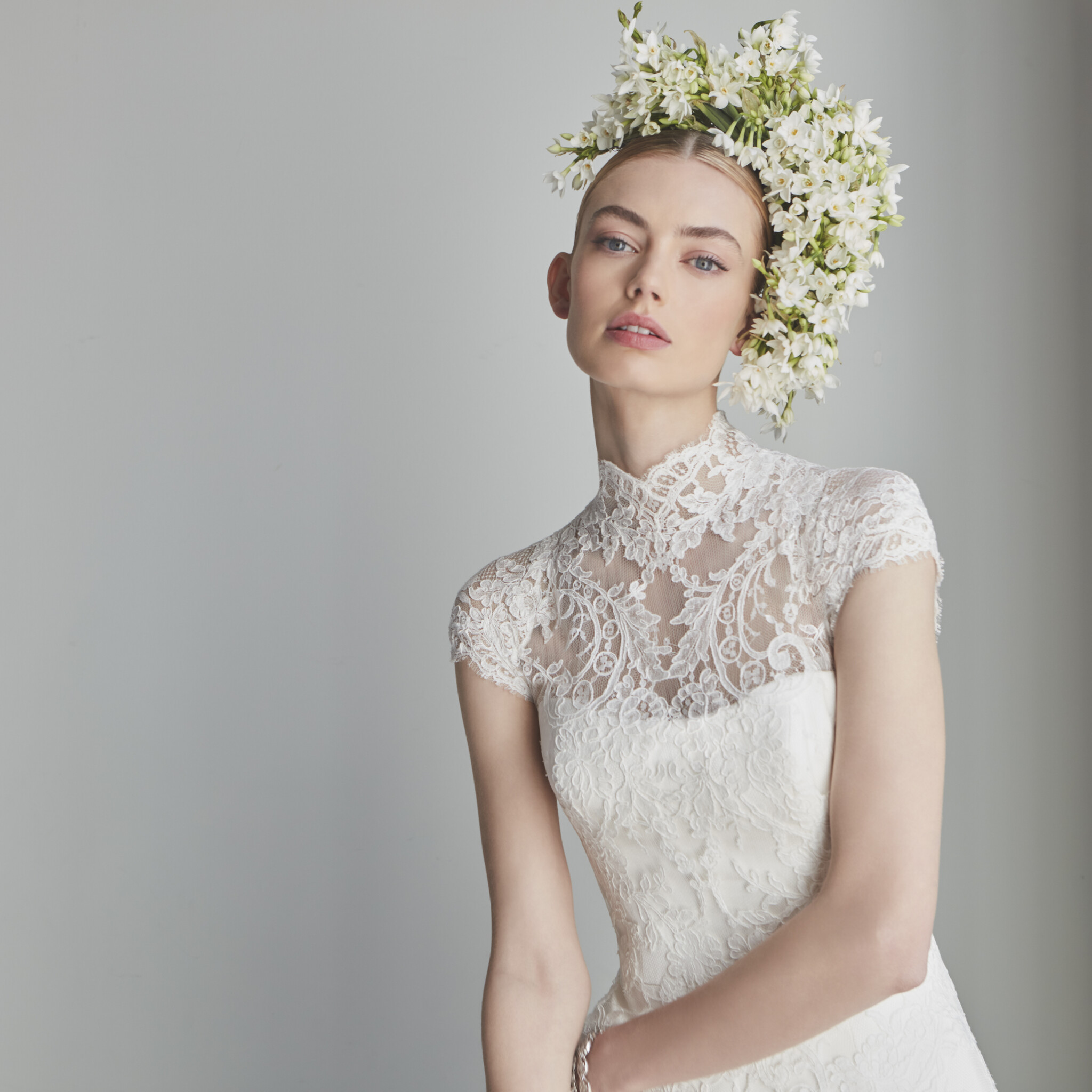 Phillipa Lepley Couture Wedding Dress London Sophie Symmetrical Scroll Satin Strapless a line wedding gown with scroll lace overlay high neckline and cap sleeves