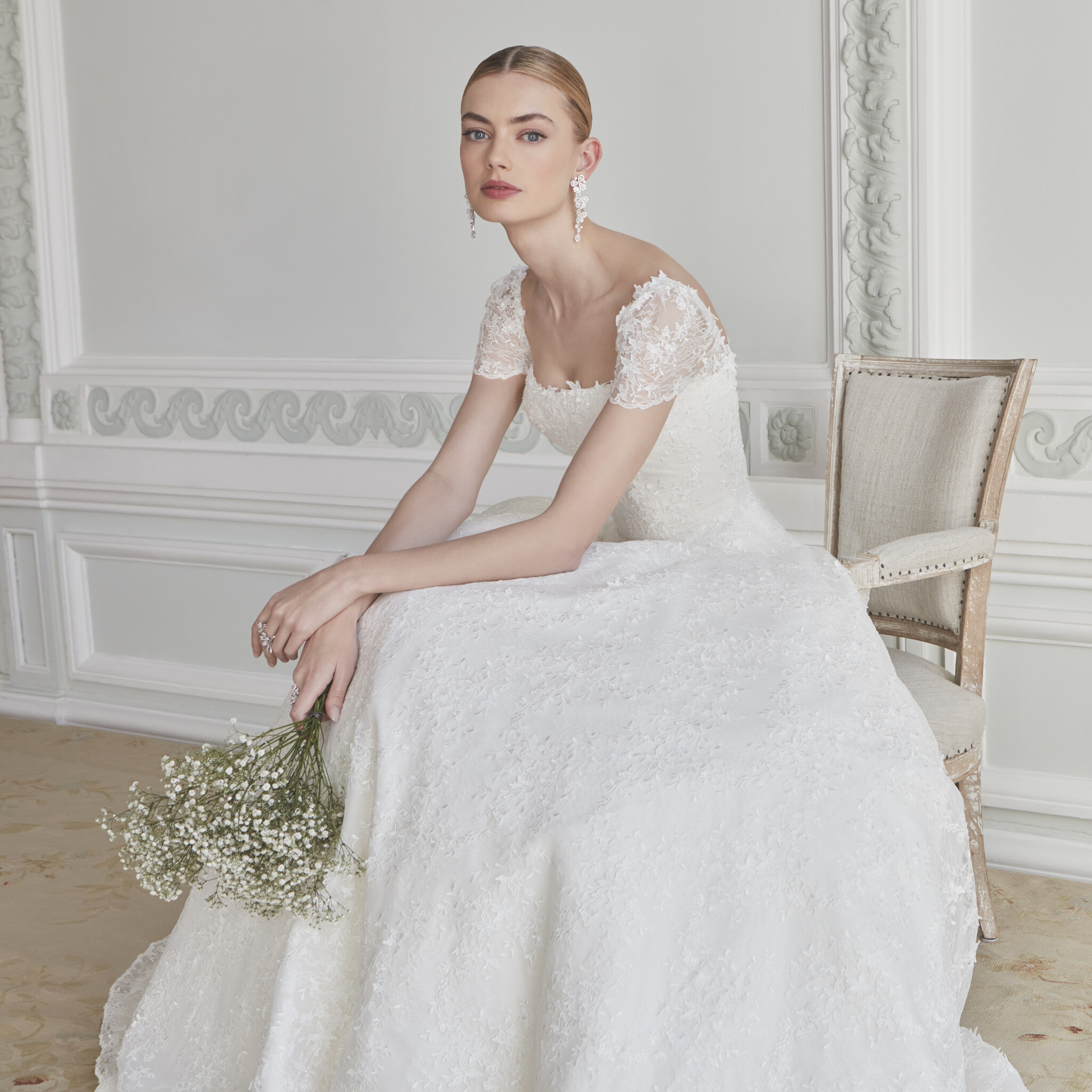 Phillipa Lepley Couture Wedding Dress London Vienna Jasmine Ivy embroidered 3d lace motif corseted gown with straight square neckline and long train