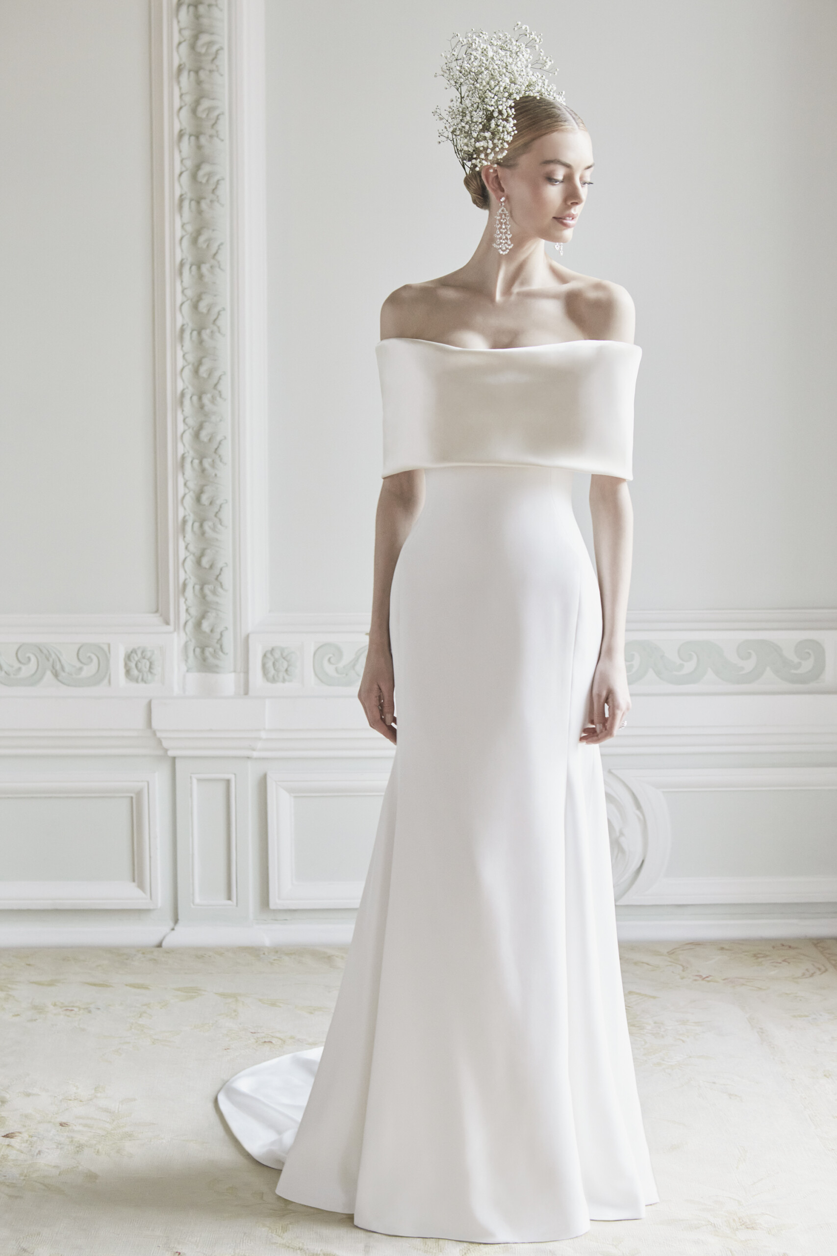 Phillipa Lepley Couture Wedding Dress London Clarabeau Rimini Satin Drape corseted crepe wedding gown with off-the-shoulder neckline satin wide collar and long train
