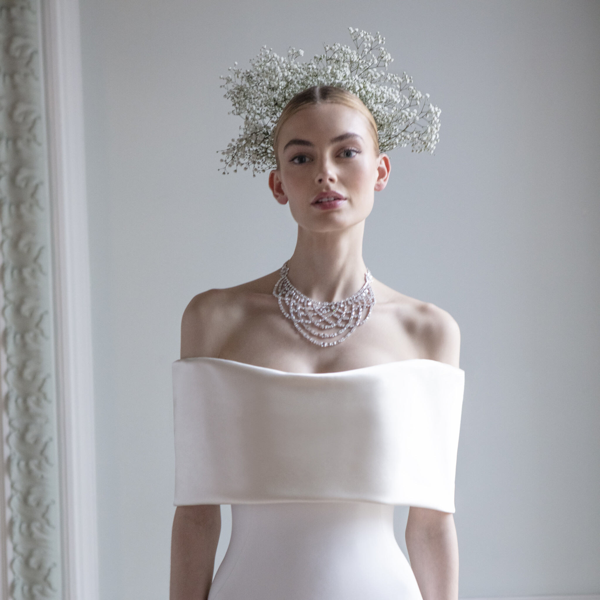 Phillipa Lepley Couture Wedding Dress London Clarabeau Rimini Satin Drape corseted crepe wedding gown with off-the-shoulder neckline satin wide collar and long train