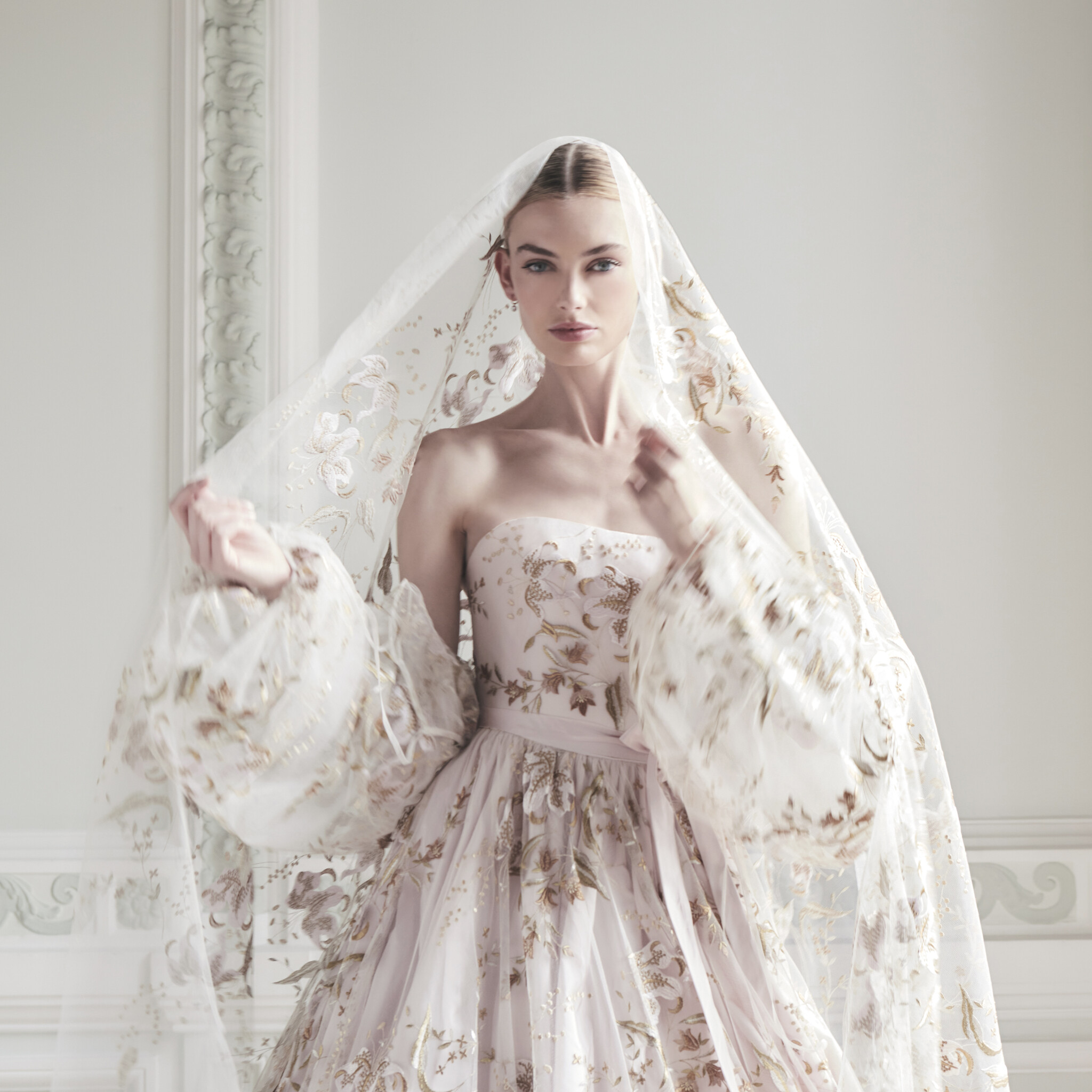 Phillipa Lepley Couture Wedding Dress London Toulouse Stargazer Pink Taffeta corseted wedding gown with straight neckline long train and large gathered skirt with tiger lily embroidered tulle overlay and full skirt