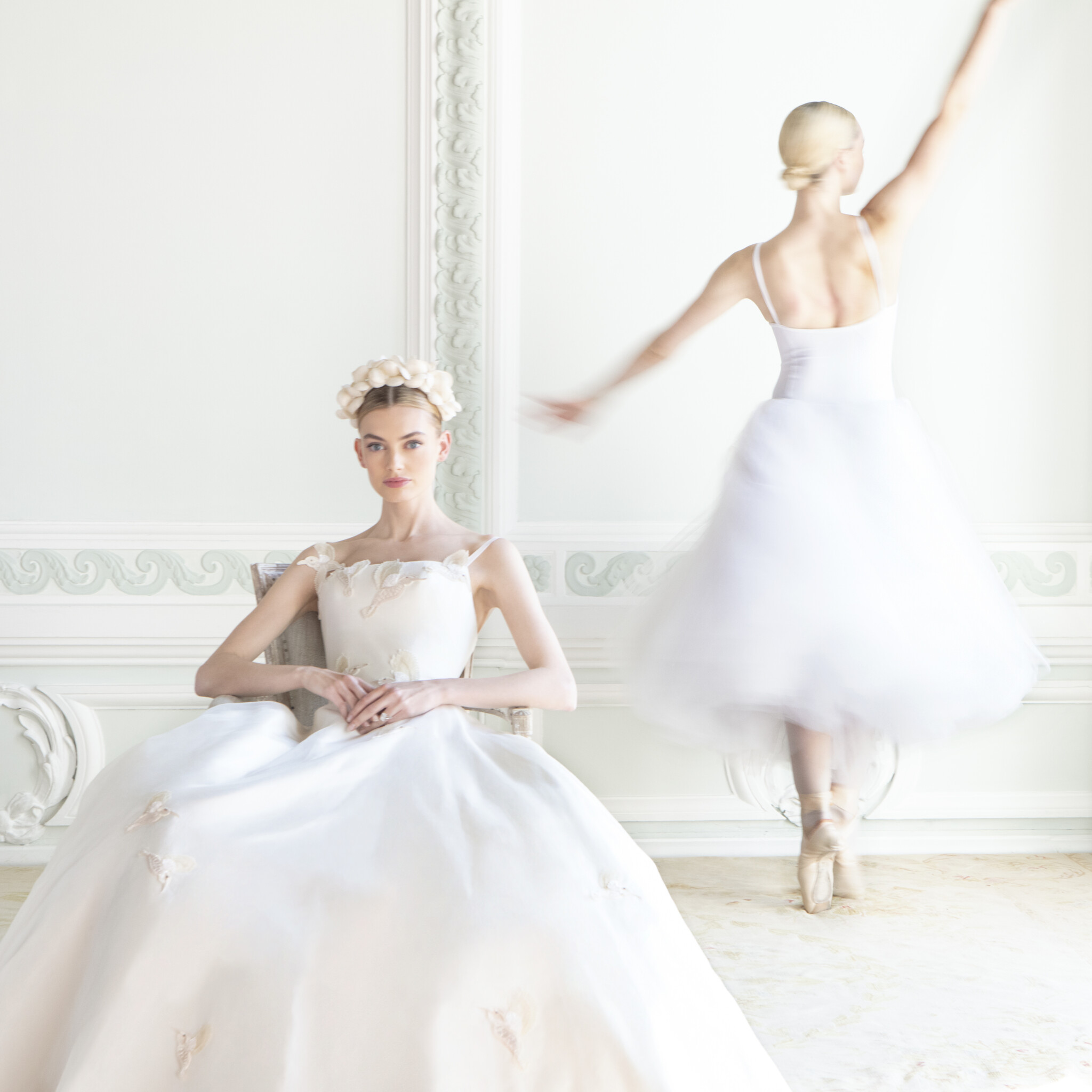 Phillipa Lepley Couture Wedding Dress London Vienna Organza Hummingbirds Corseted satin wedding gown with organza overlay and hand embroidered hummingbird design