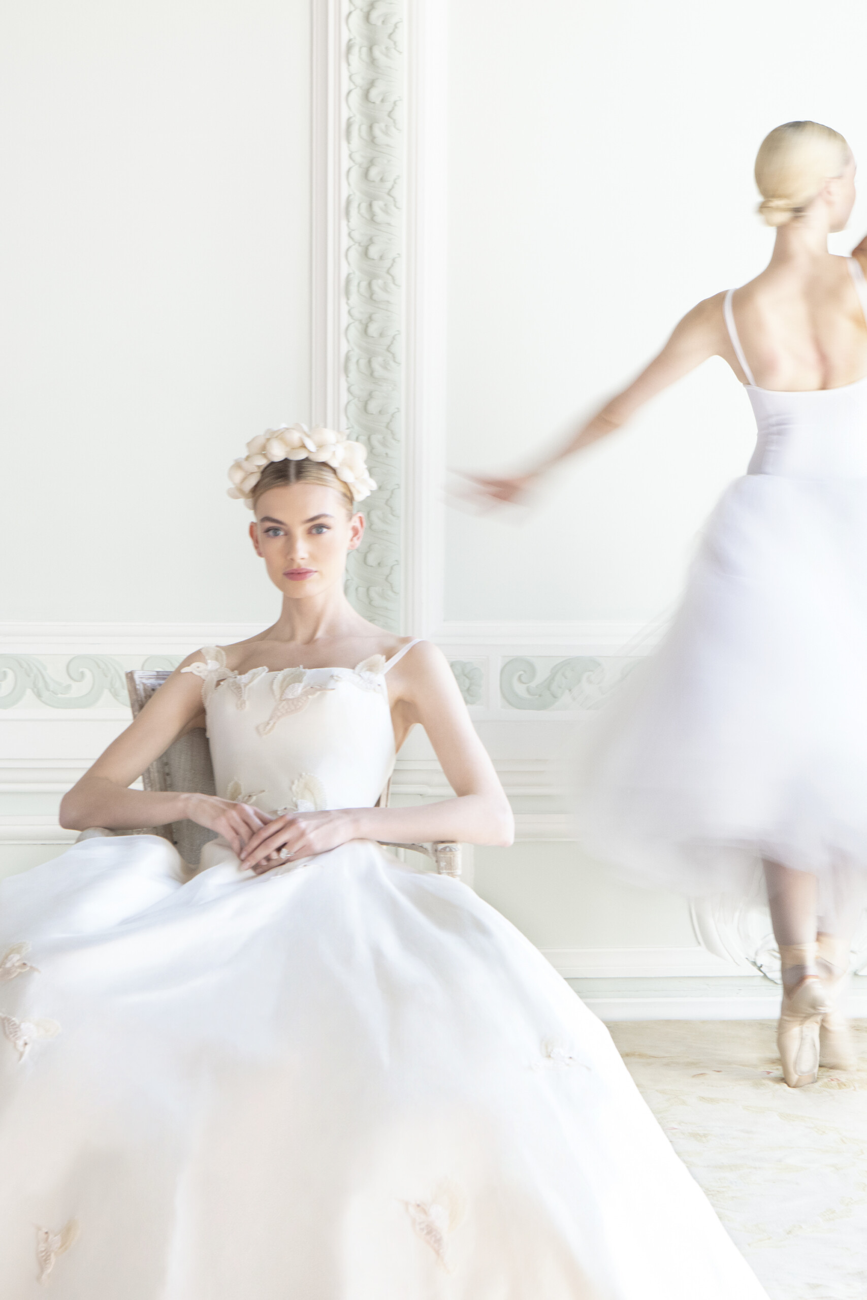 Phillipa Lepley Couture Wedding Dress London Vienna Organza Hummingbirds Corseted satin wedding gown with organza overlay and hand embroidered hummingbird design