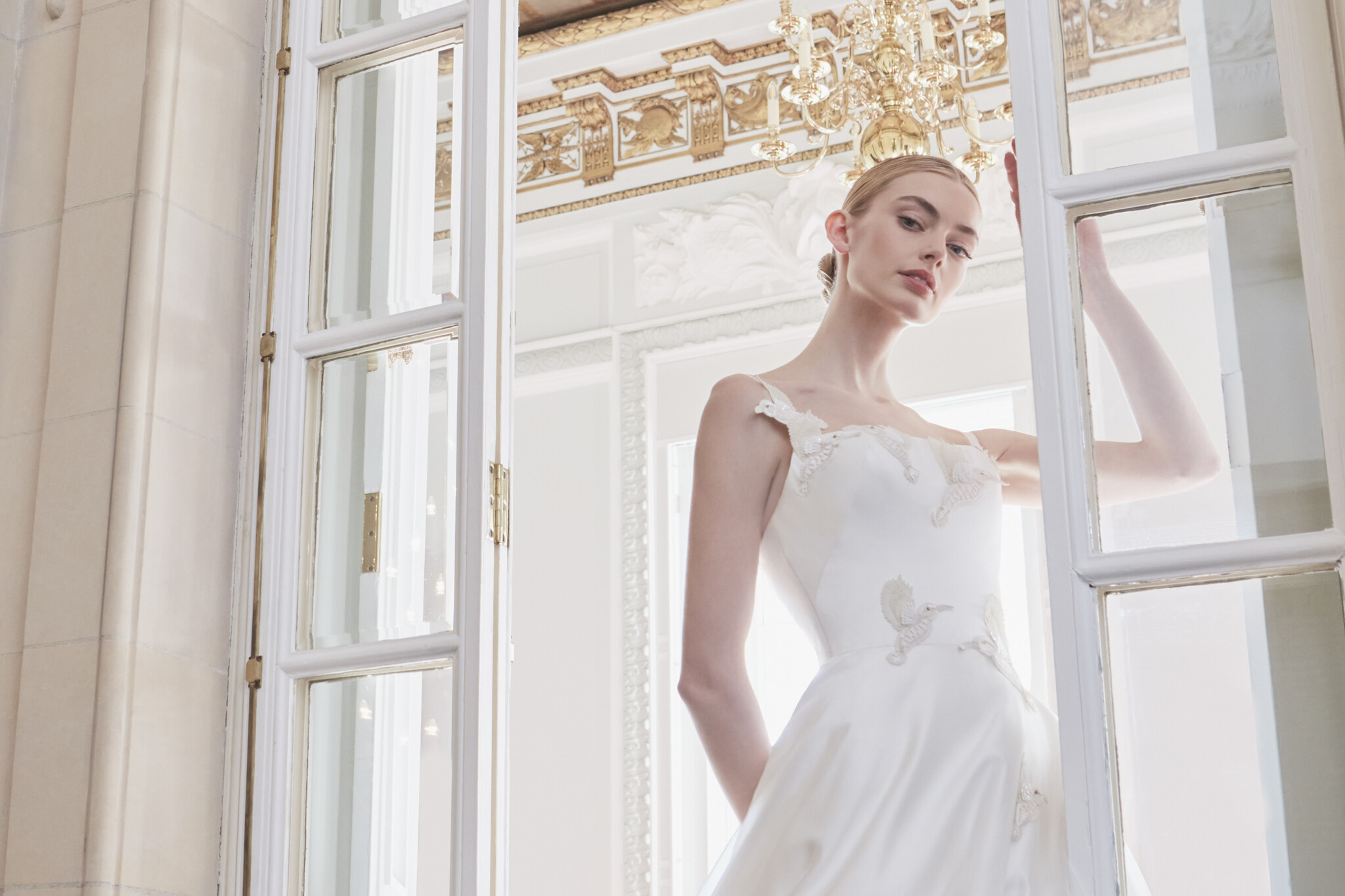 Phillipa Lepley Couture Wedding Dress London Vienna Organza Hummingbirds Corseted satin wedding gown with organza overlay and hand embroidered hummingbird design