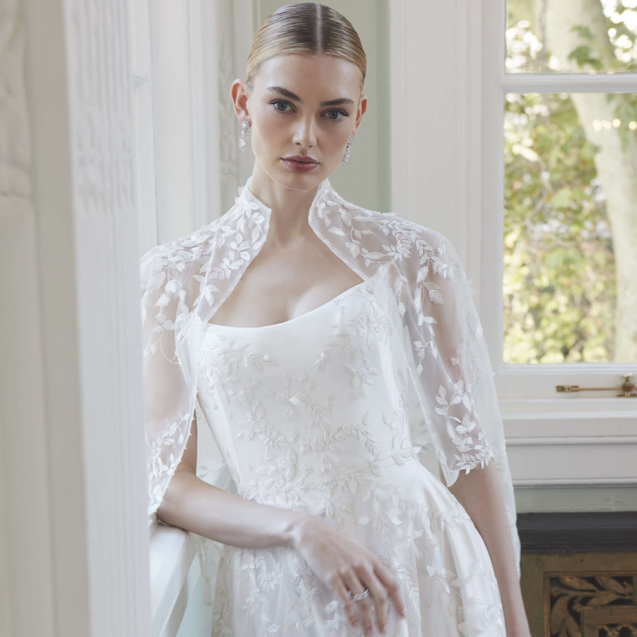 Phillipa Lepley Couture Wedding Dress London Woodland Leaves Corset White Heavy Weight Silk Duchess Satin Gown With Tulle Overlay of Hand Embroidered Woodland Leaves Organza