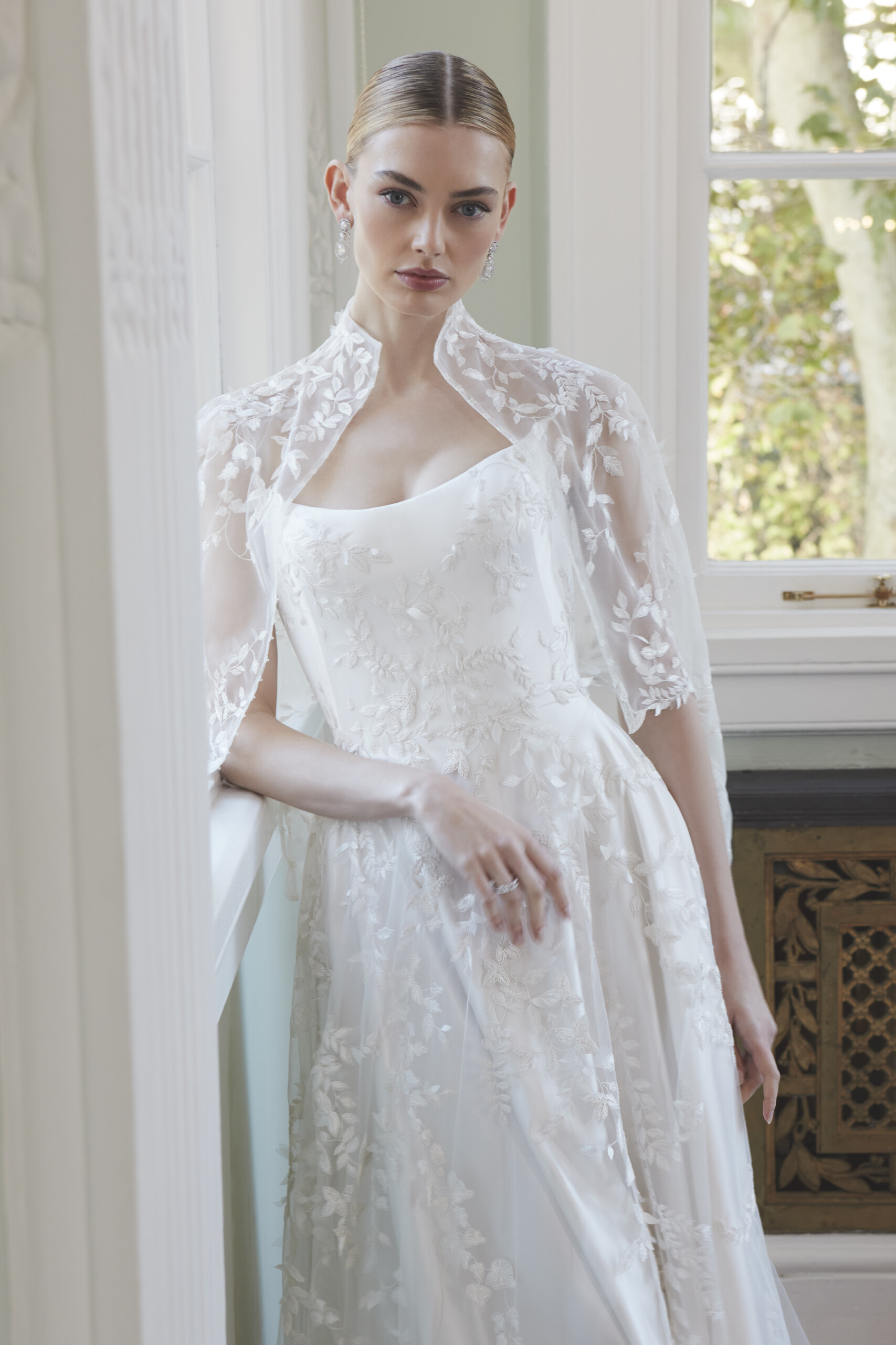 Phillipa Lepley Couture Wedding Dress London Woodland Leaves Corset White Heavy Weight Silk Duchess Satin Gown With Tulle Overlay of Hand Embroidered Woodland Leaves Organza