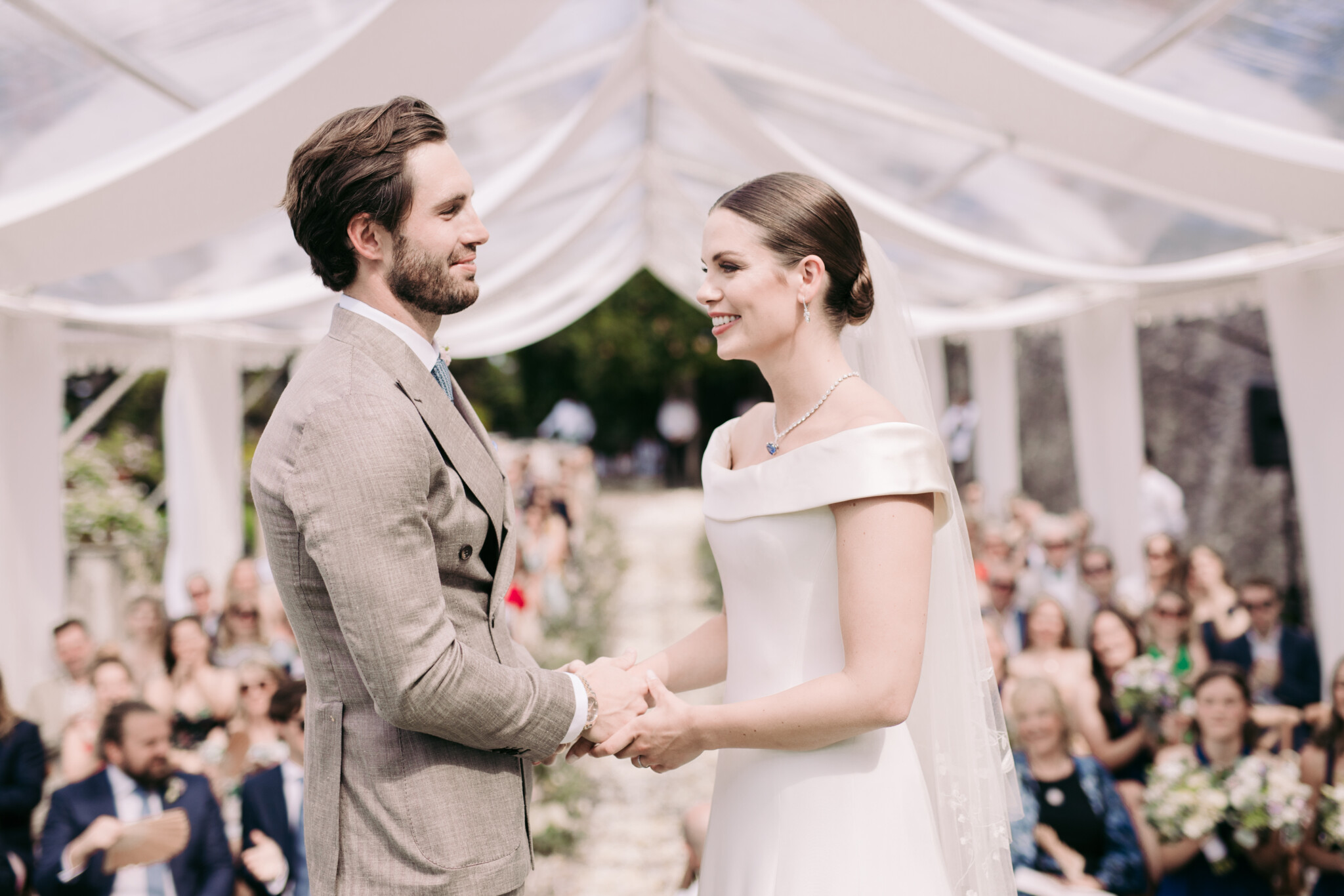 Phillipa Lepley Couture Real Bride Karolina Narrow Duchess Satin Collar Corseted Silk Crepe Wedding Dress With Embroidered Veil