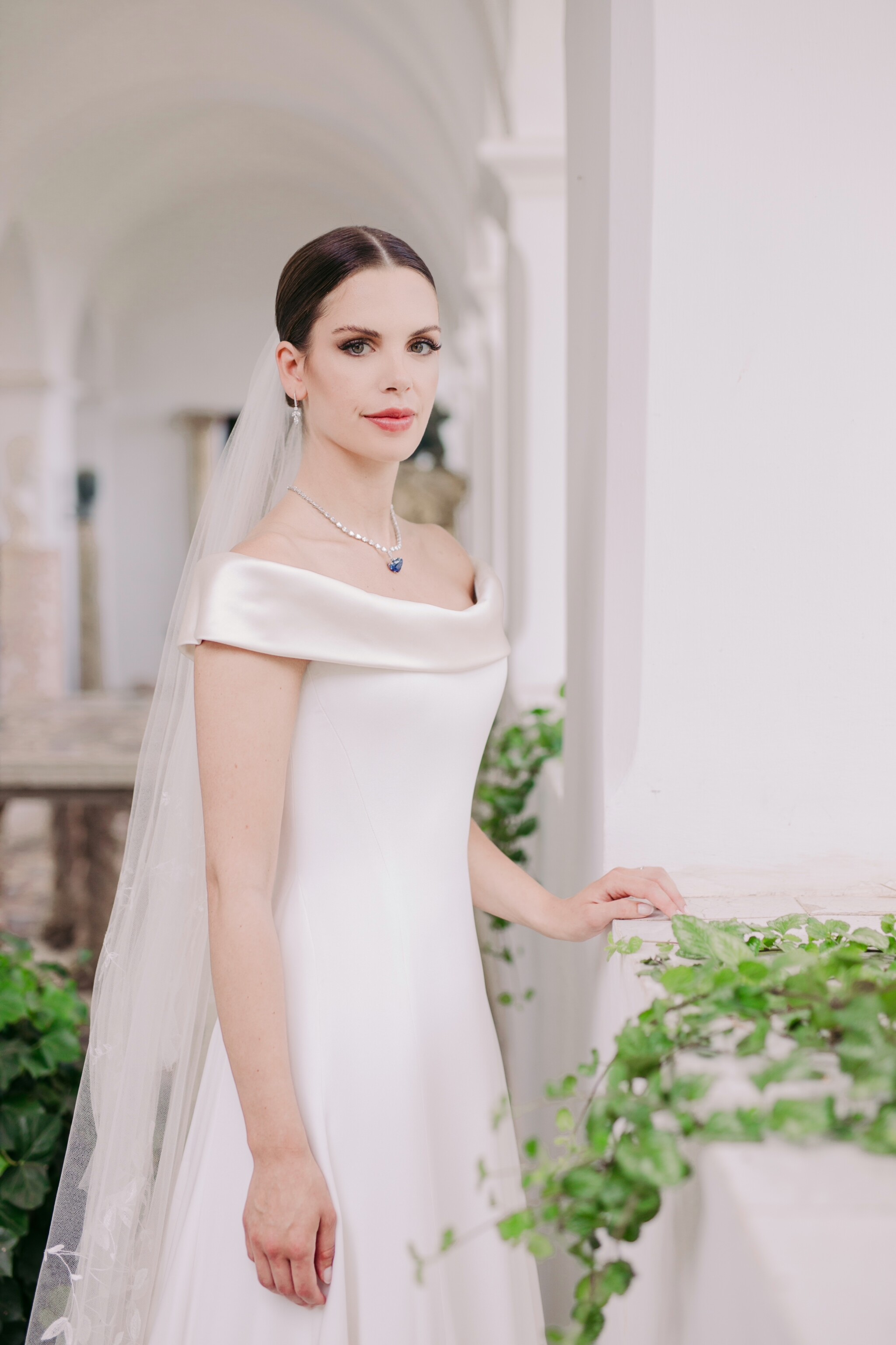 Phillipa Lepley Couture Real Bride Karolina Narrow Duchess Satin Collar Corseted Silk Crepe Wedding Dress With Embroidered Veil