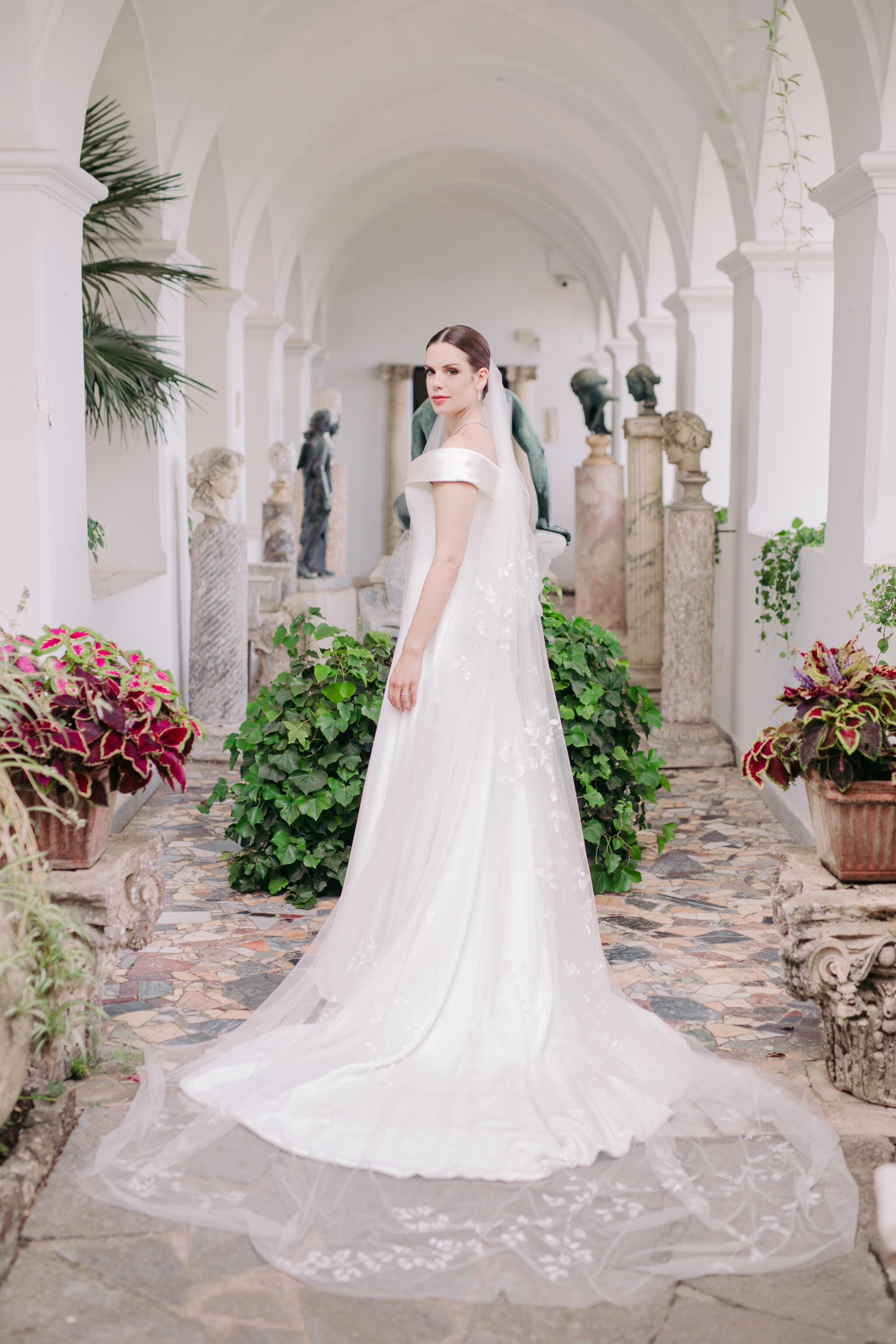 Phillipa Lepley Couture Real Bride Karolina Narrow Duchess Satin Collar Corseted Silk Crepe Wedding Dress With Embroidered Veil