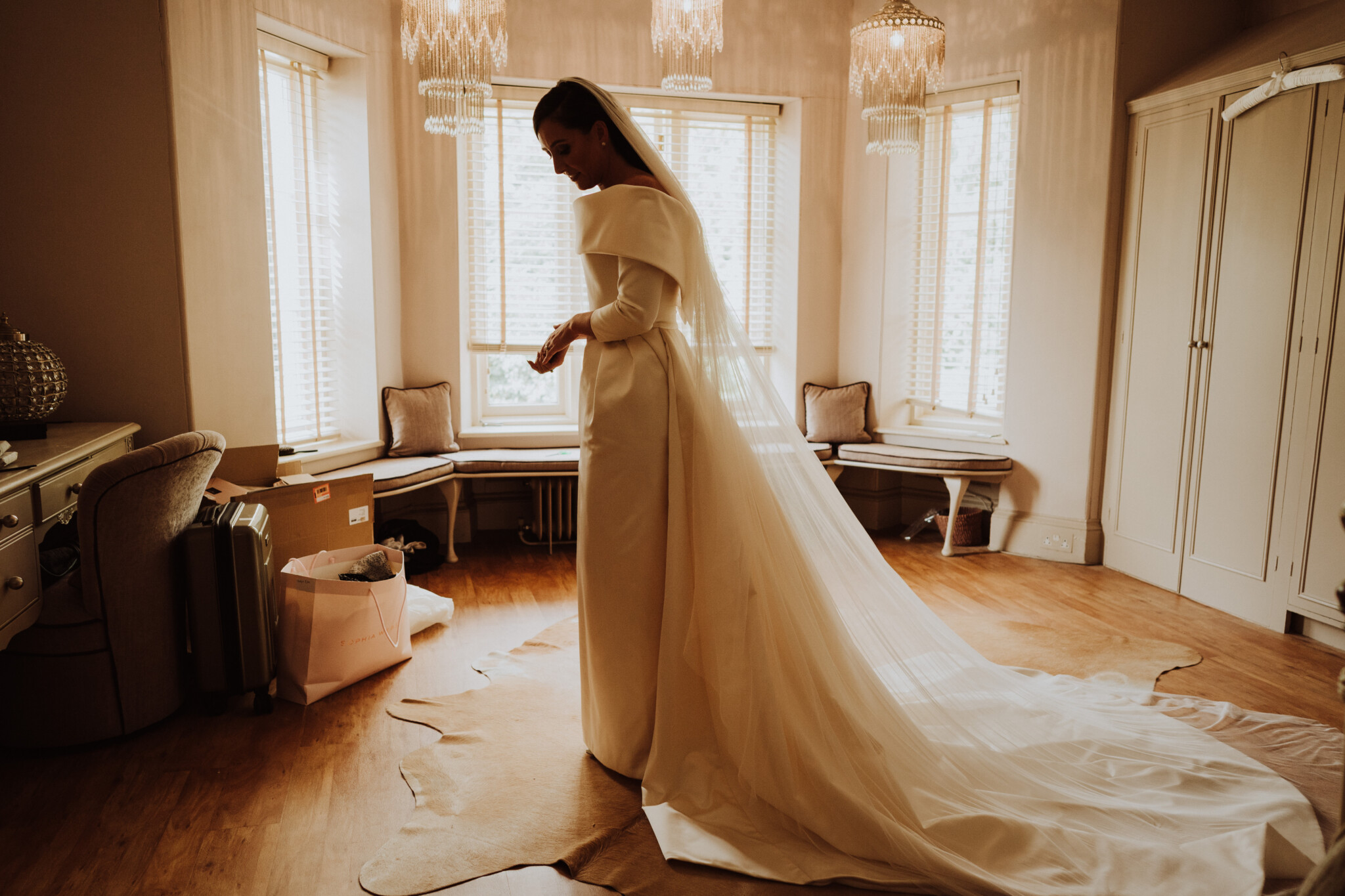 Phillipa Lepley Couture Real Bride Nadja Wide Collar Duchess Satin Corseted Wedding Gown