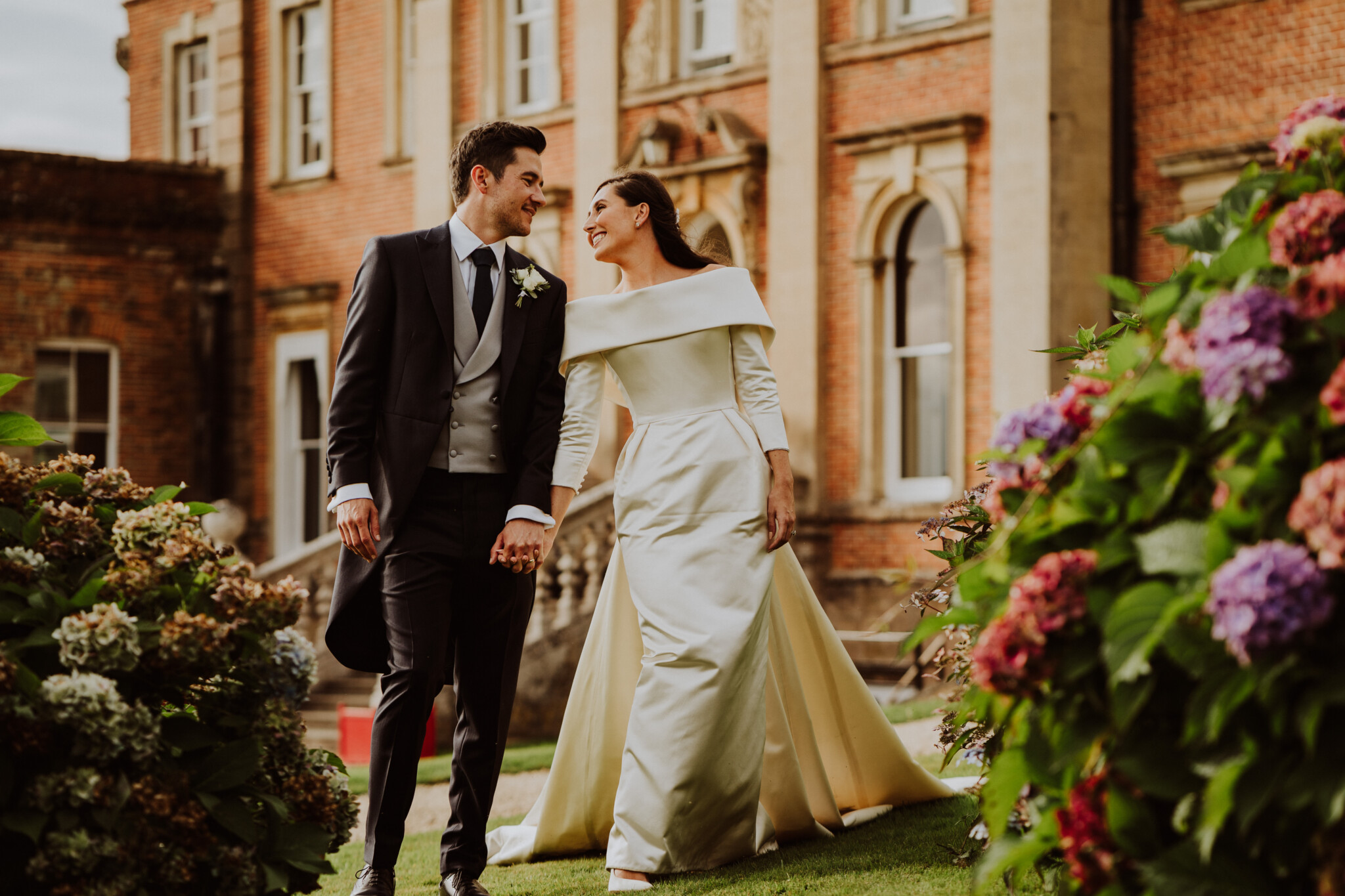 Phillipa Lepley Couture Real Bride Nadja Wide Collar Duchess Satin Corseted Wedding Gown