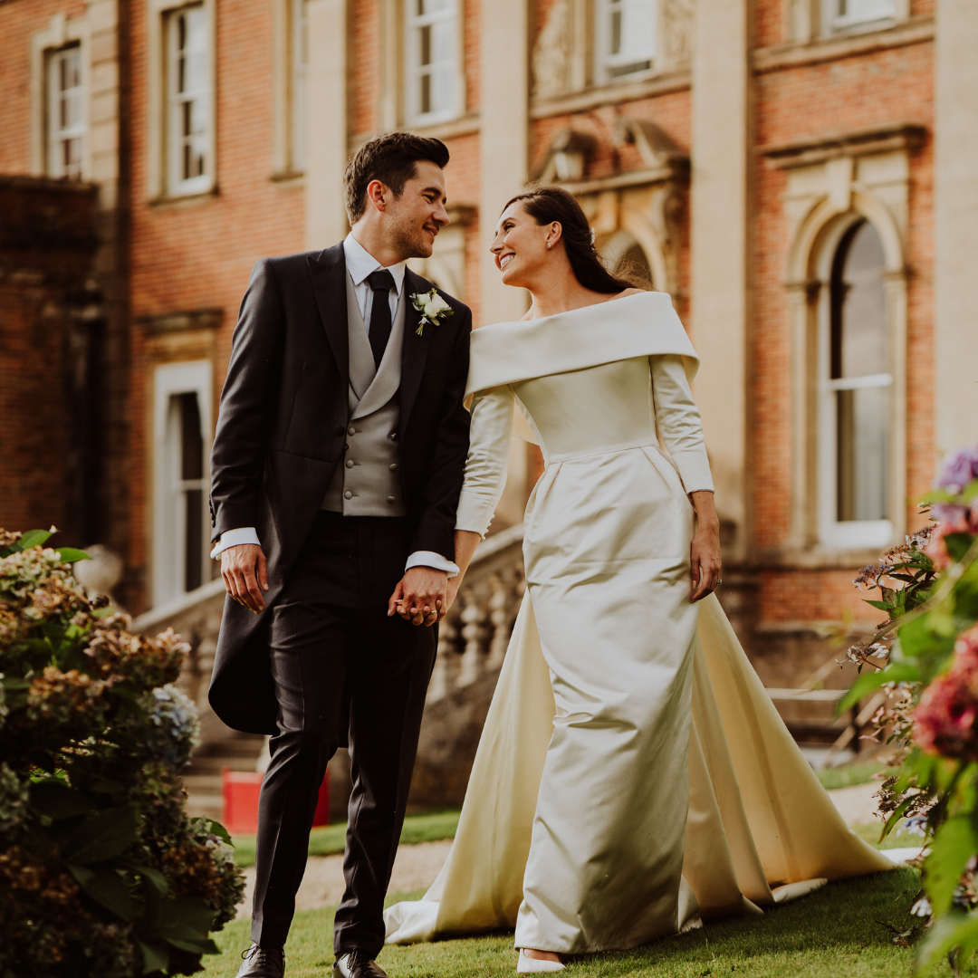 Phillipa Lepley Couture Real Bride Nadja Wide Collar Duchess Satin Corseted Wedding Gown