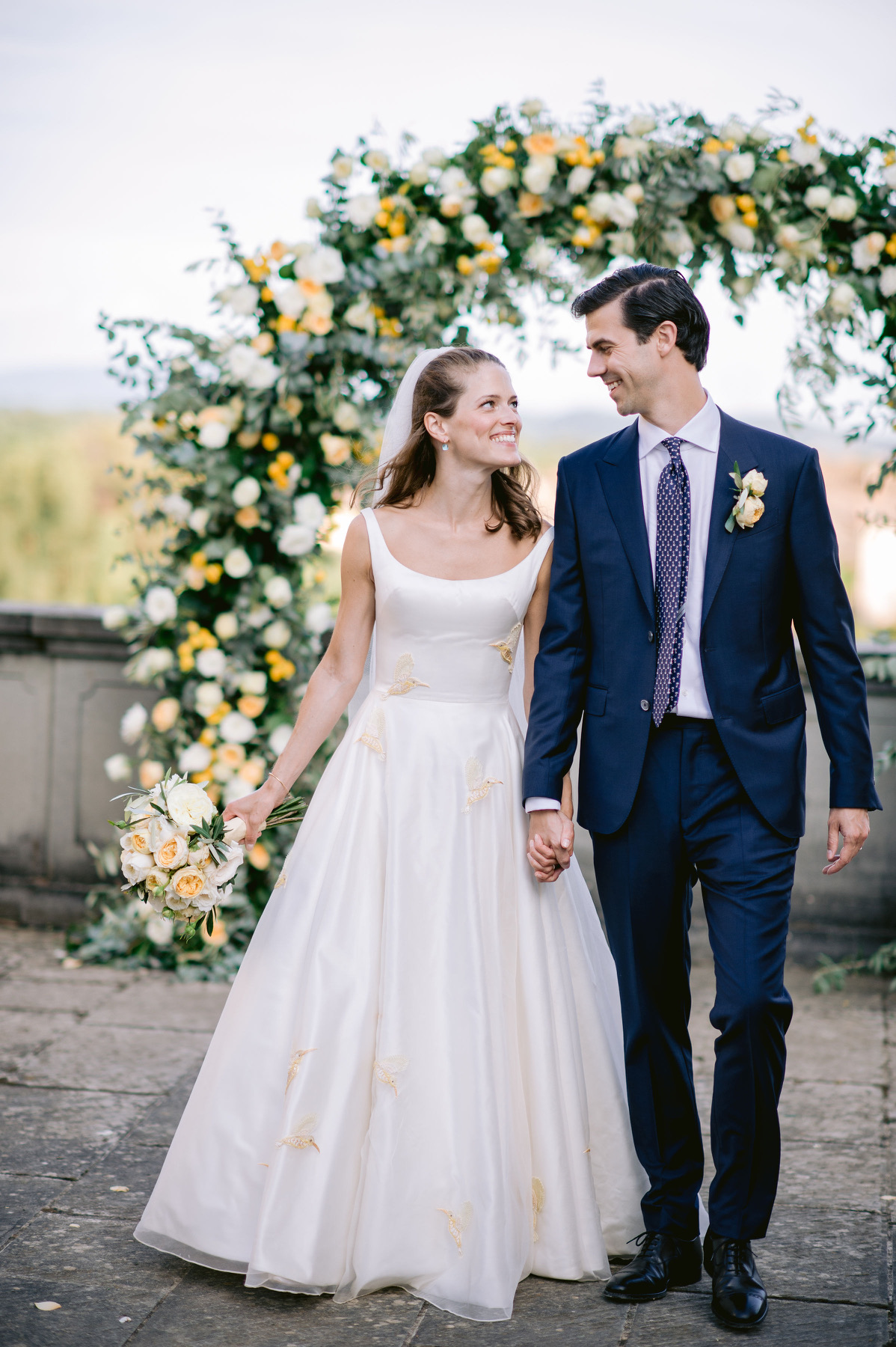 Phillipa Lepley Couture Real Bride Alexandra Embroidered Hummingbird Silk Organza Wedding Dress Plain Tulle Veil