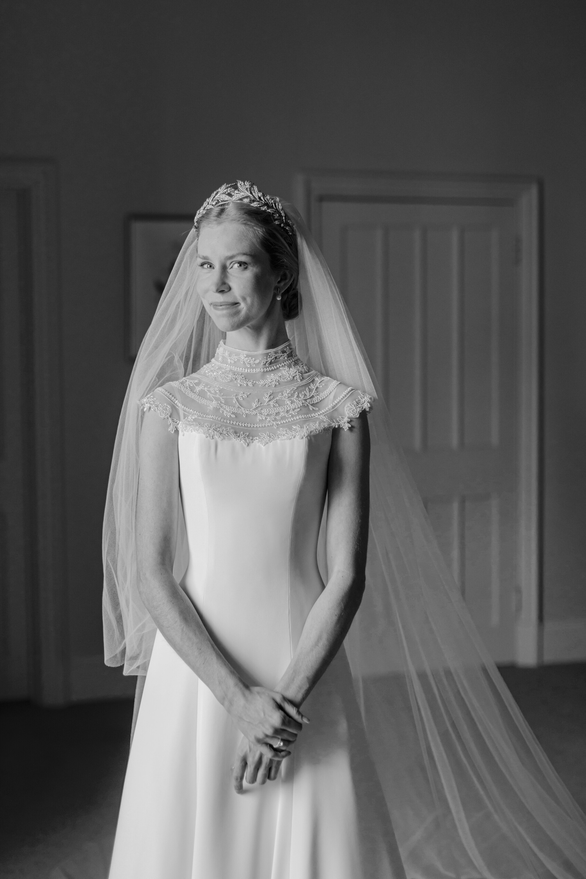 Phillipa Lepley Couture Real Bride Charlotte Bespoke Silk Crepe Corseted High Neck Wedding Dress Embroidered Yoke