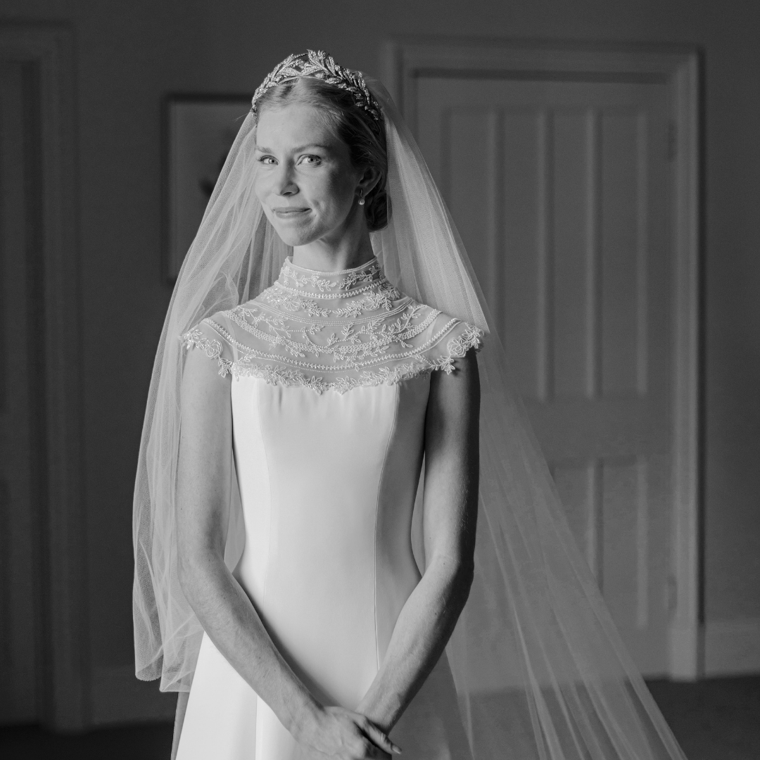 Phillipa Lepley Couture Real Bride Charlotte Bespoke Silk Crepe Corseted High Neck Wedding Dress Embroidered Yoke