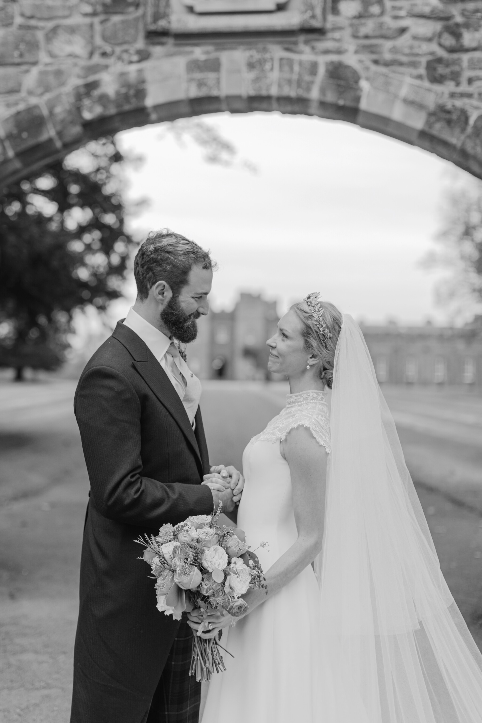 Phillipa Lepley Couture Real Bride Charlotte Bespoke Silk Crepe Corseted High Neck Wedding Dress Embroidered Yoke