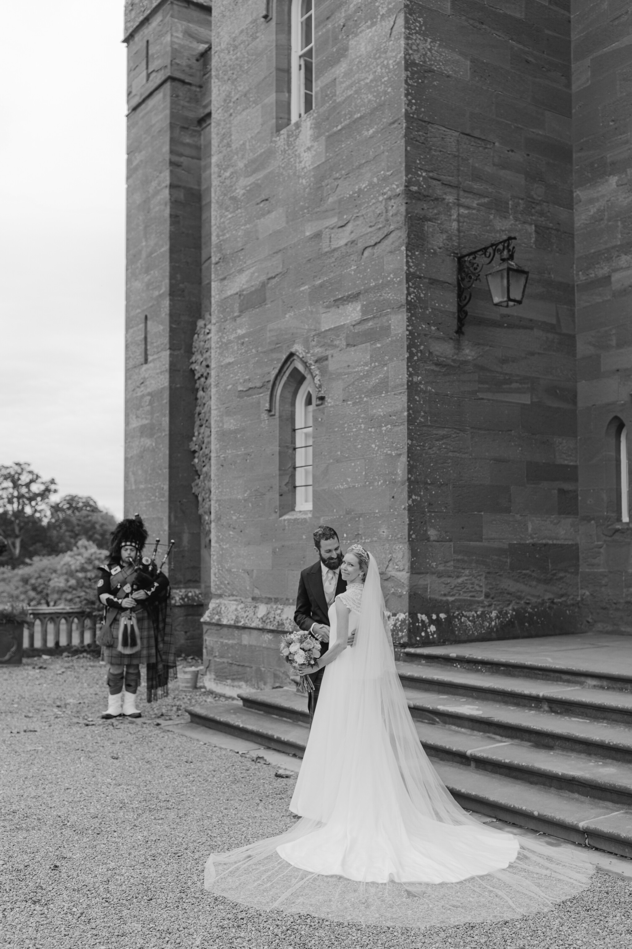 Phillipa Lepley Couture Real Bride Charlotte Bespoke Silk Crepe Corseted High Neck Wedding Dress Embroidered Yoke