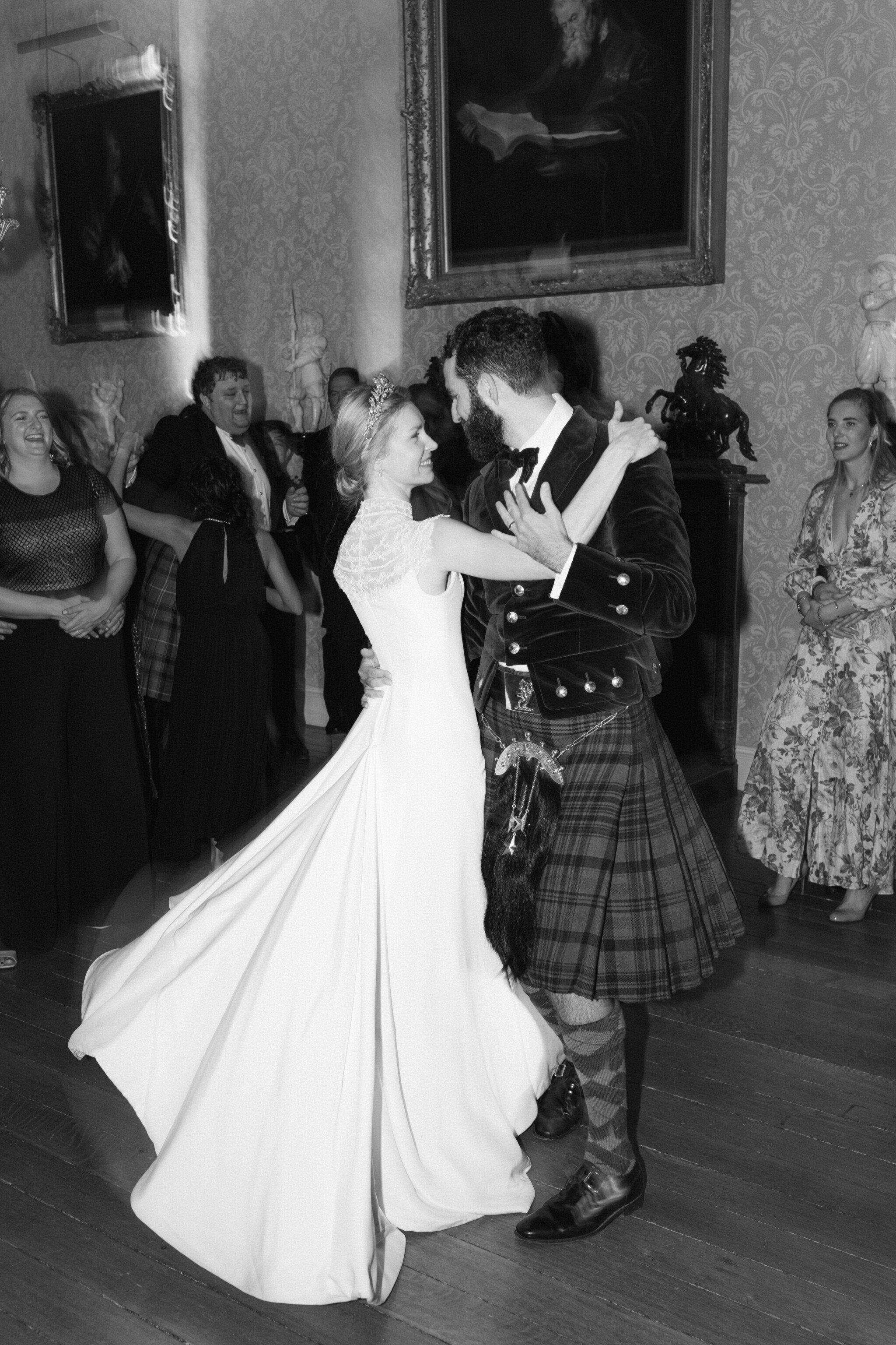 Phillipa Lepley Couture Real Bride Charlotte Bespoke Silk Crepe Corseted High Neck Wedding Dress Embroidered Yoke