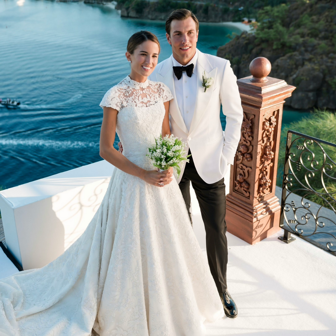 Phillipa Lepley Bride Wearing Strapless Corseted Wedding Dress With Removable Embroidered Top