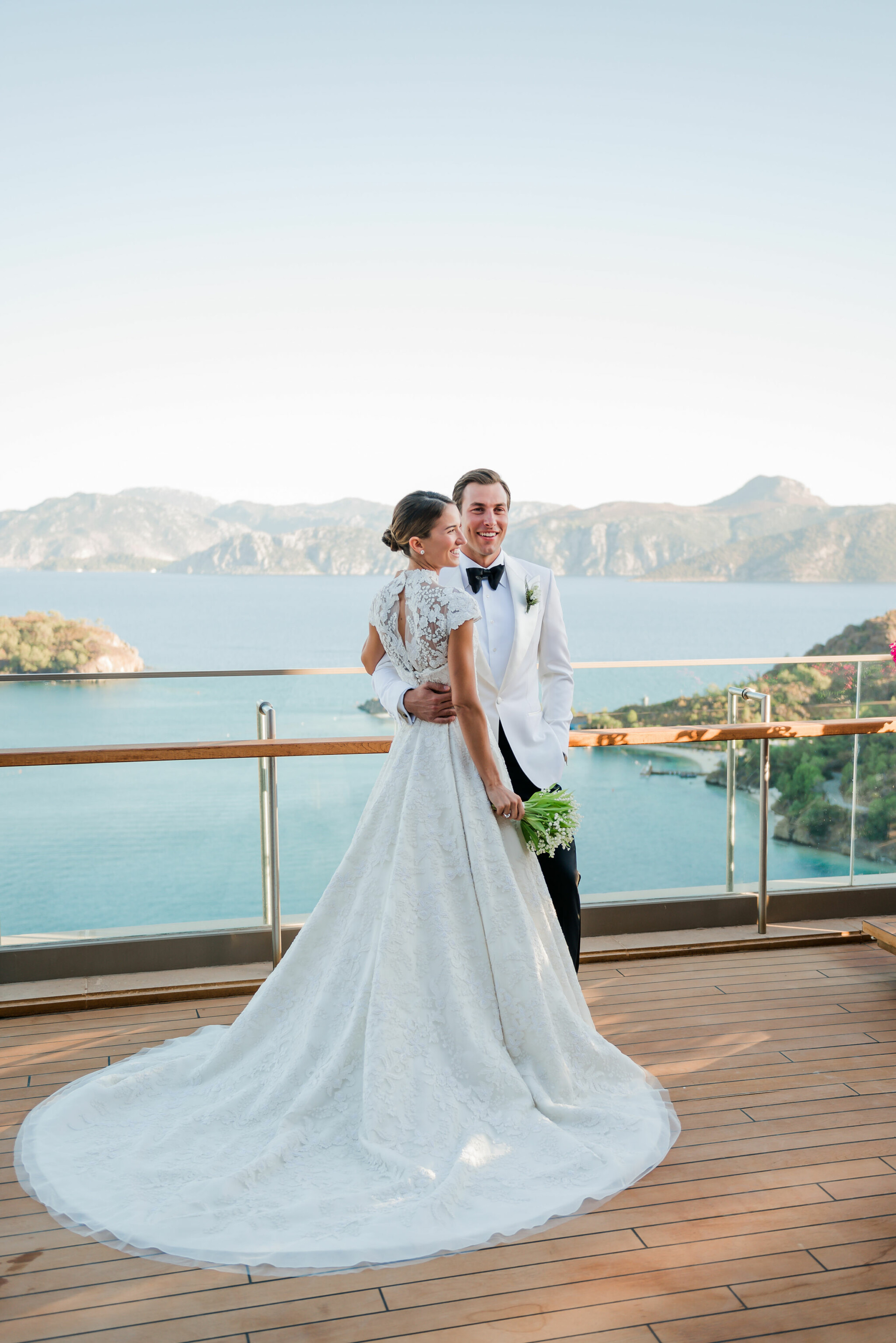 Phillipa Lepley Bride Wearing Strapless Corseted Wedding Dress With Removable Embroidered Top