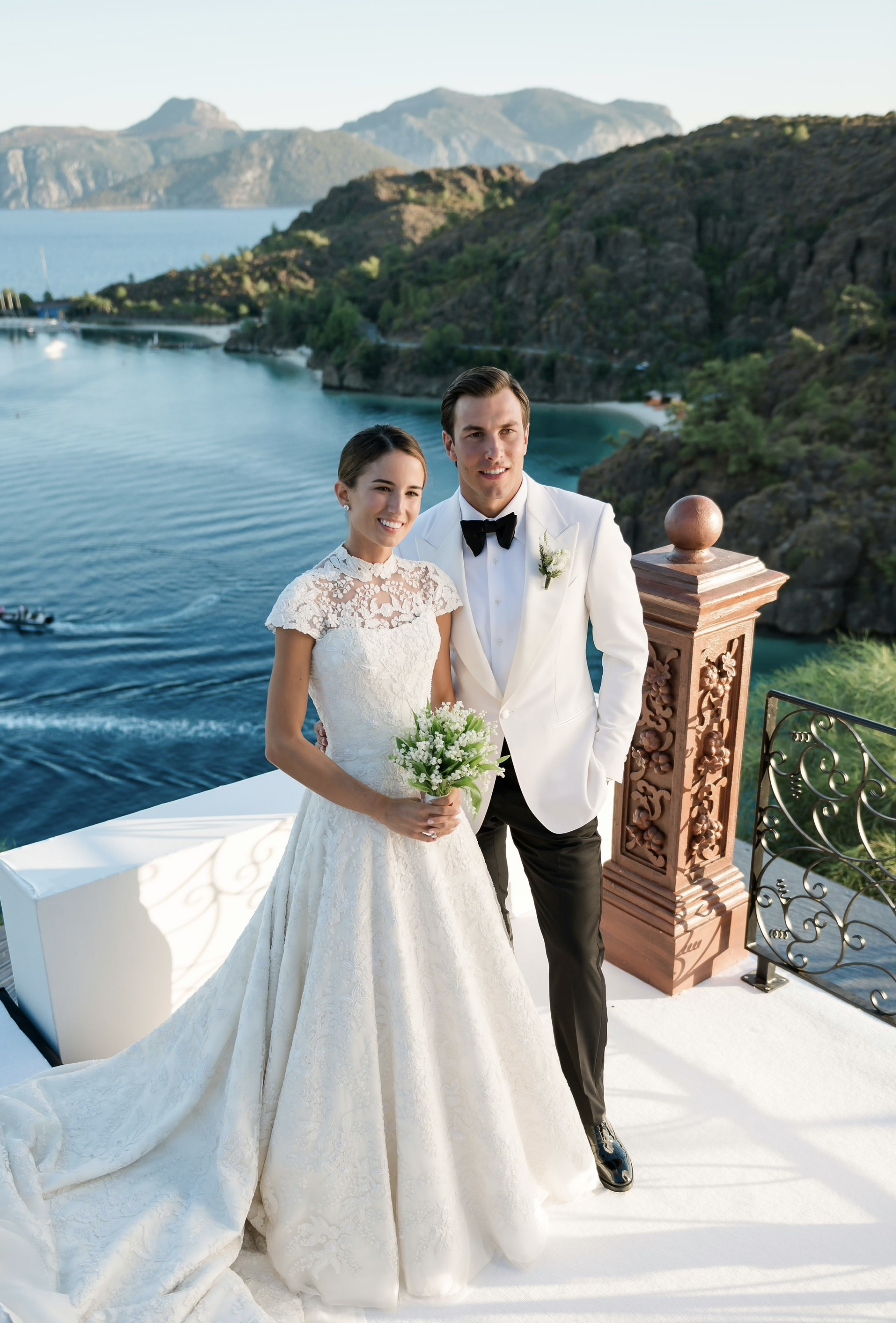 Phillipa Lepley Bride Wearing Strapless Corseted Wedding Dress With Removable Embroidered Top