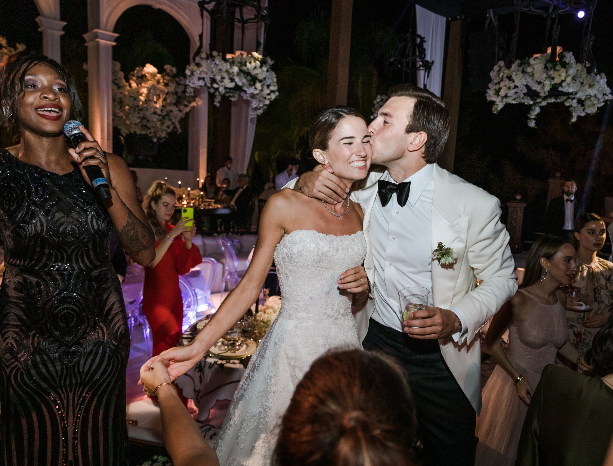 Phillipa Lepley Bride Wearing Strapless Corseted Wedding Dress With Floral Embroidery
