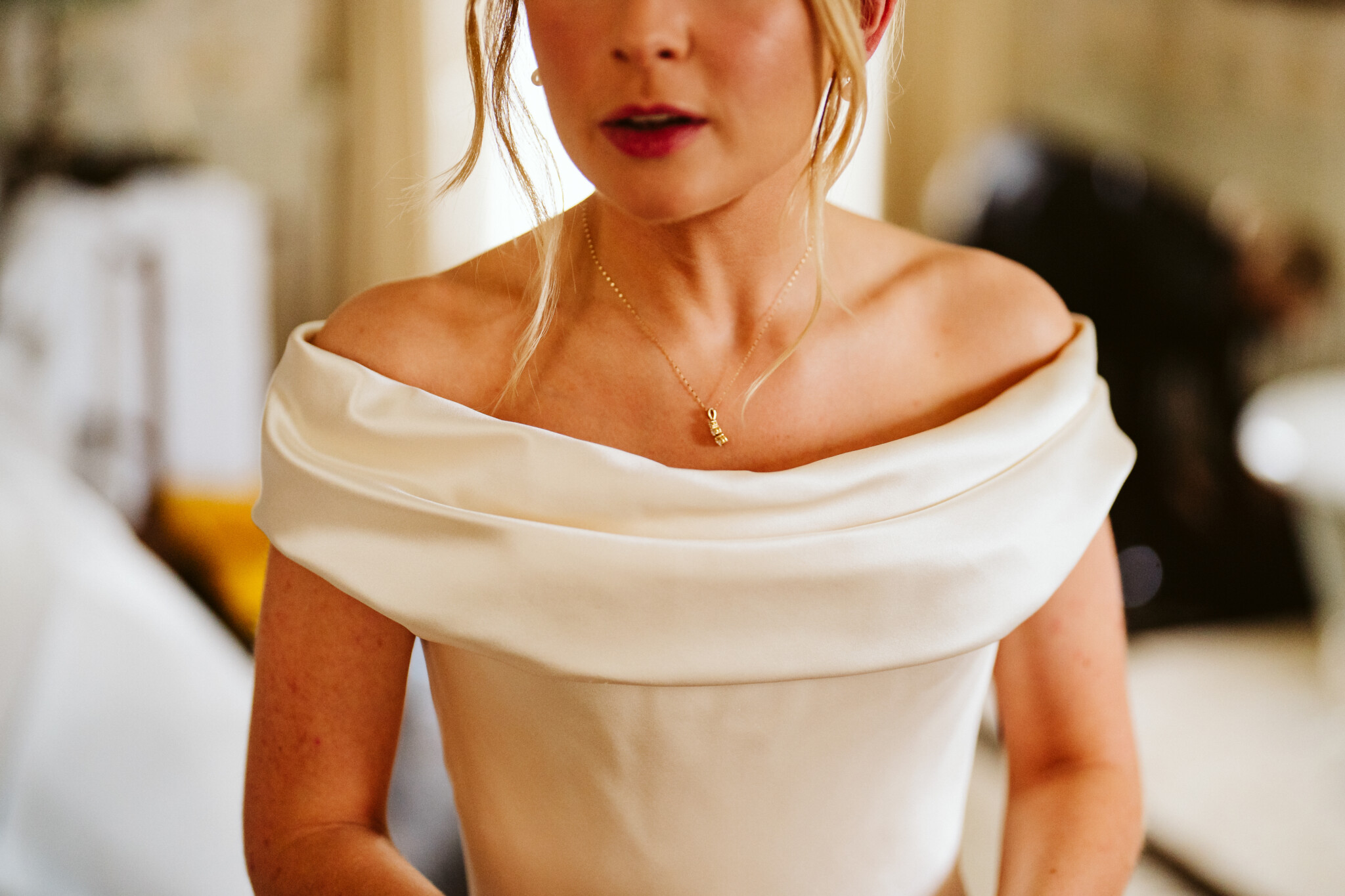 Phillipa Lepley Bride Kate Duchess Satin Wedding Dress Off The Shoulder Neckline Signature Corset