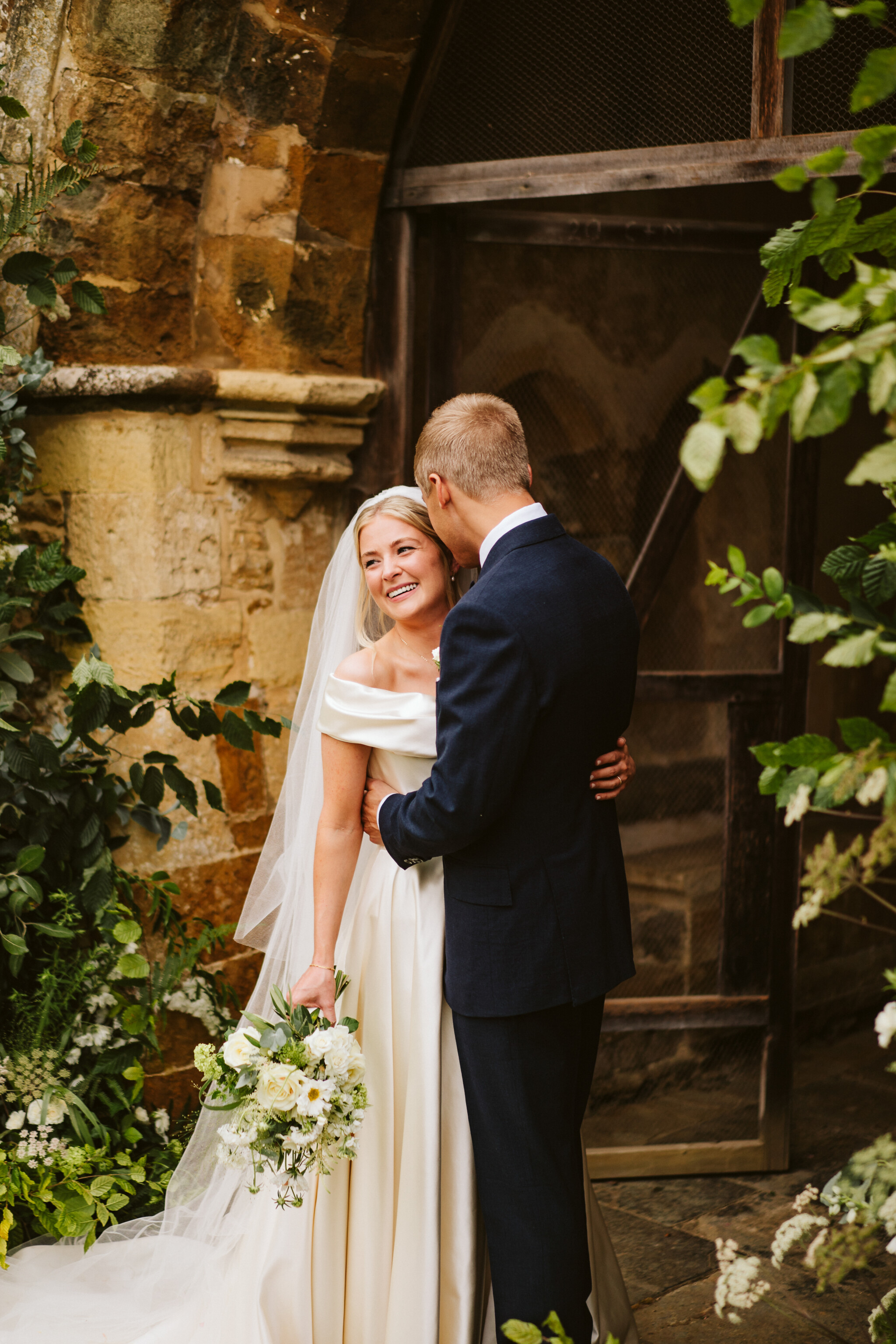 Phillipa Lepley Bride Kate Duchess Satin Wedding Dress Off The Shoulder Neckline Signature Corset