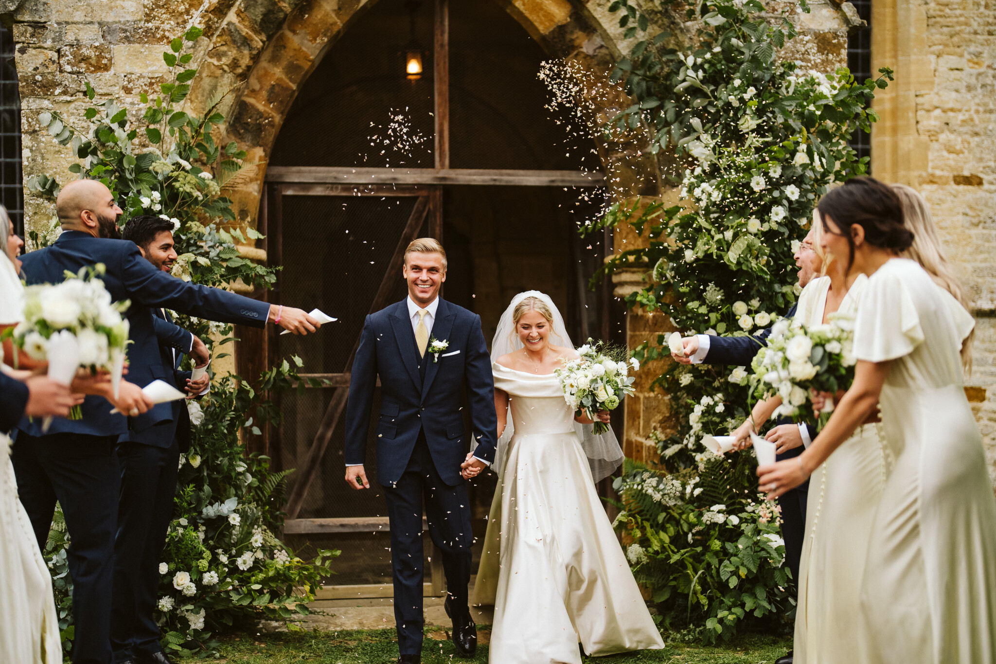 Phillipa Lepley Bride Kate Duchess Satin Wedding Dress Off The Shoulder Neckline Signature Corset