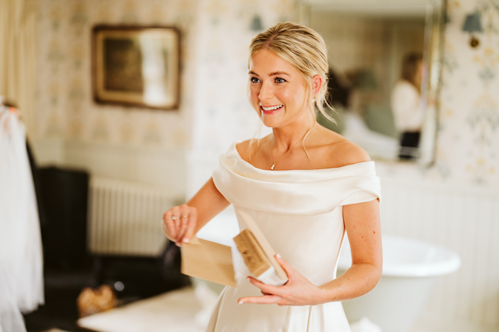 Phillipa Lepley Bride Kate Duchess Satin Wedding Dress Off The Shoulder Neckline Signature Corset