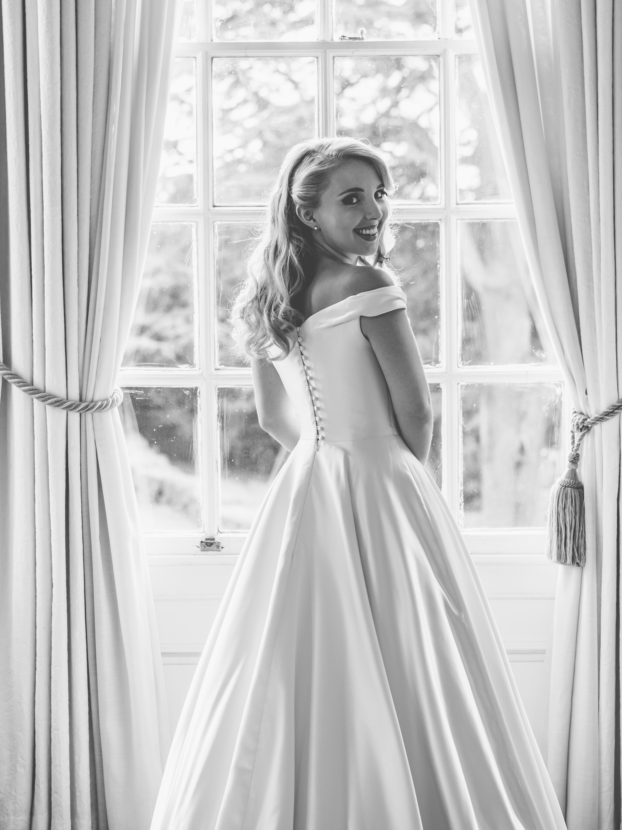 Phillipa Lepley Couture Real Bride Rebecca Duchess Satin Off The Shoulder Neckline Tied With Shoulder Bow On One Side