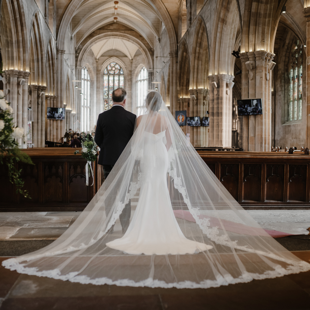 Phillipa Lepley Bride Meghan Strapless Silk Crepe Gown Origami Folded Neckline Lace Edged Veil