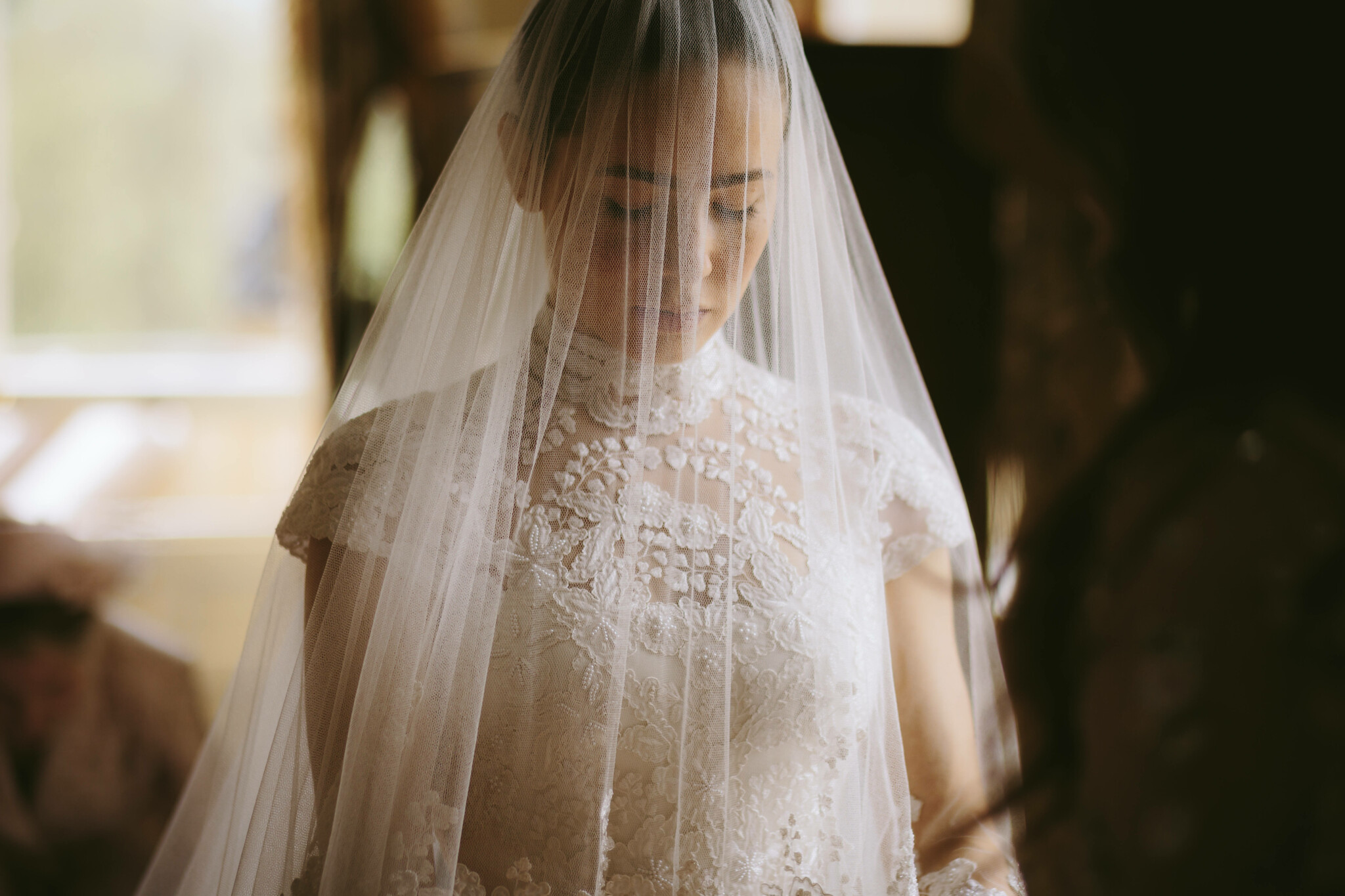 Phillipa Lepley Bride Eirian Corseted Margaux Maiden’s Fern Bespoke Sweetpea Motif Marguax Veil Initials