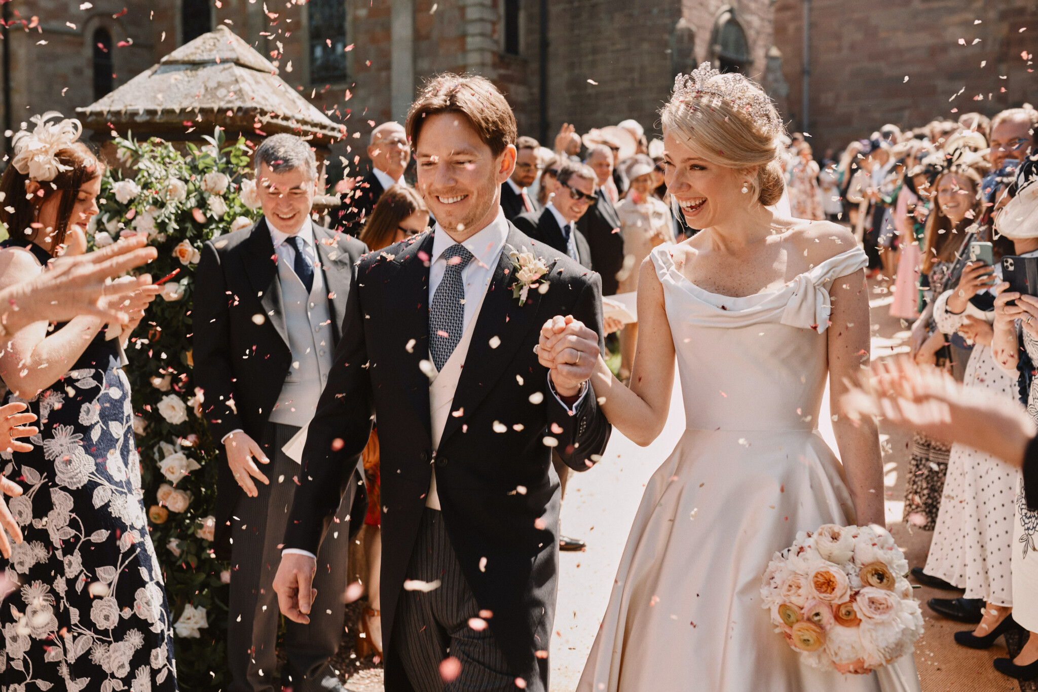 Phillipa Lepley Bride Corseted Ivory Duchess Satin Off The Shoulder Couture Dress Asymetric Bow