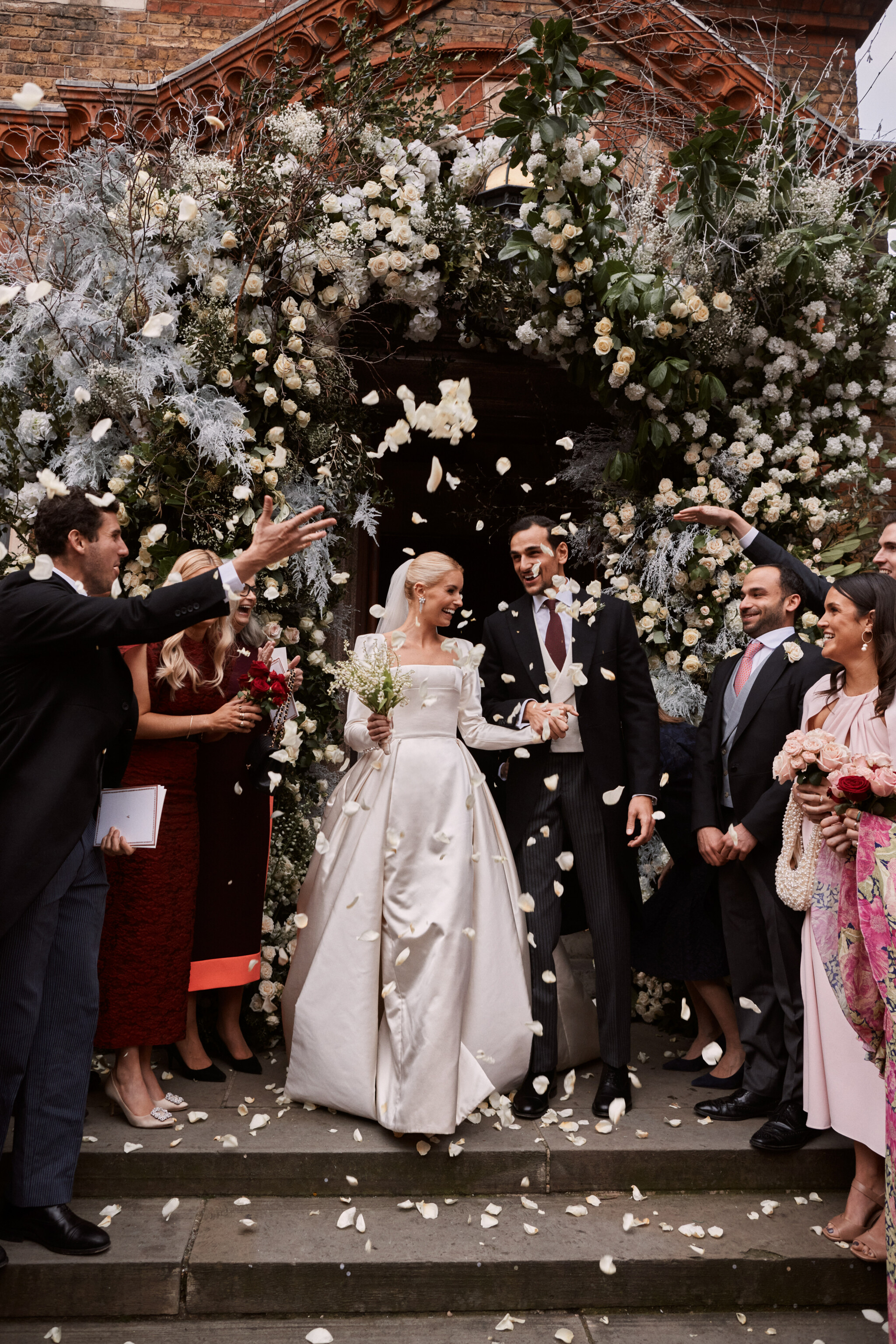 Phillipa Lepley Bride Madeleine Duchess Satin Square Neckline Bespoke Buttercup Lace Veil