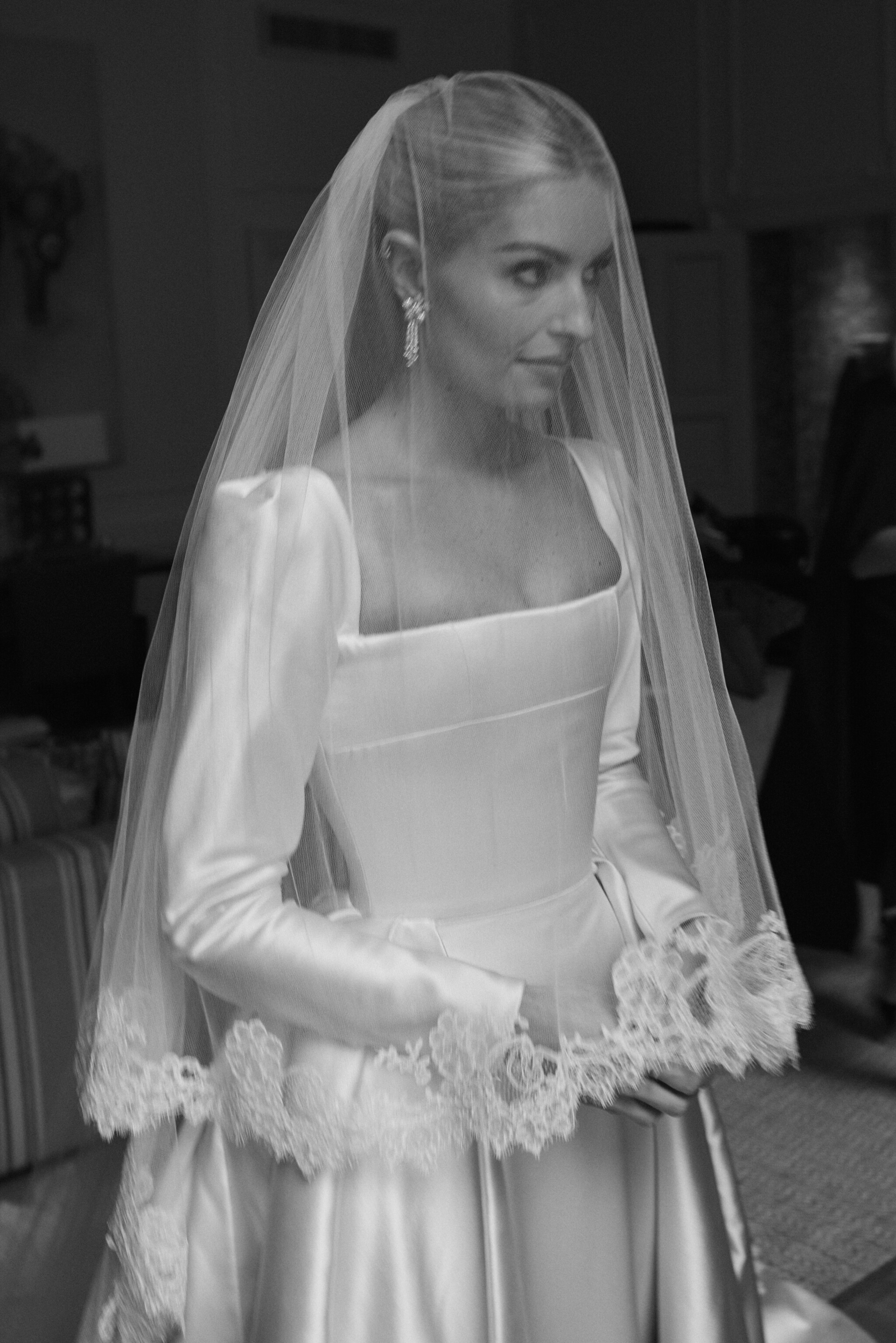 Phillipa Lepley Bride Madeleine Duchess Satin Square Neckline Bespoke Buttercup Lace Veil