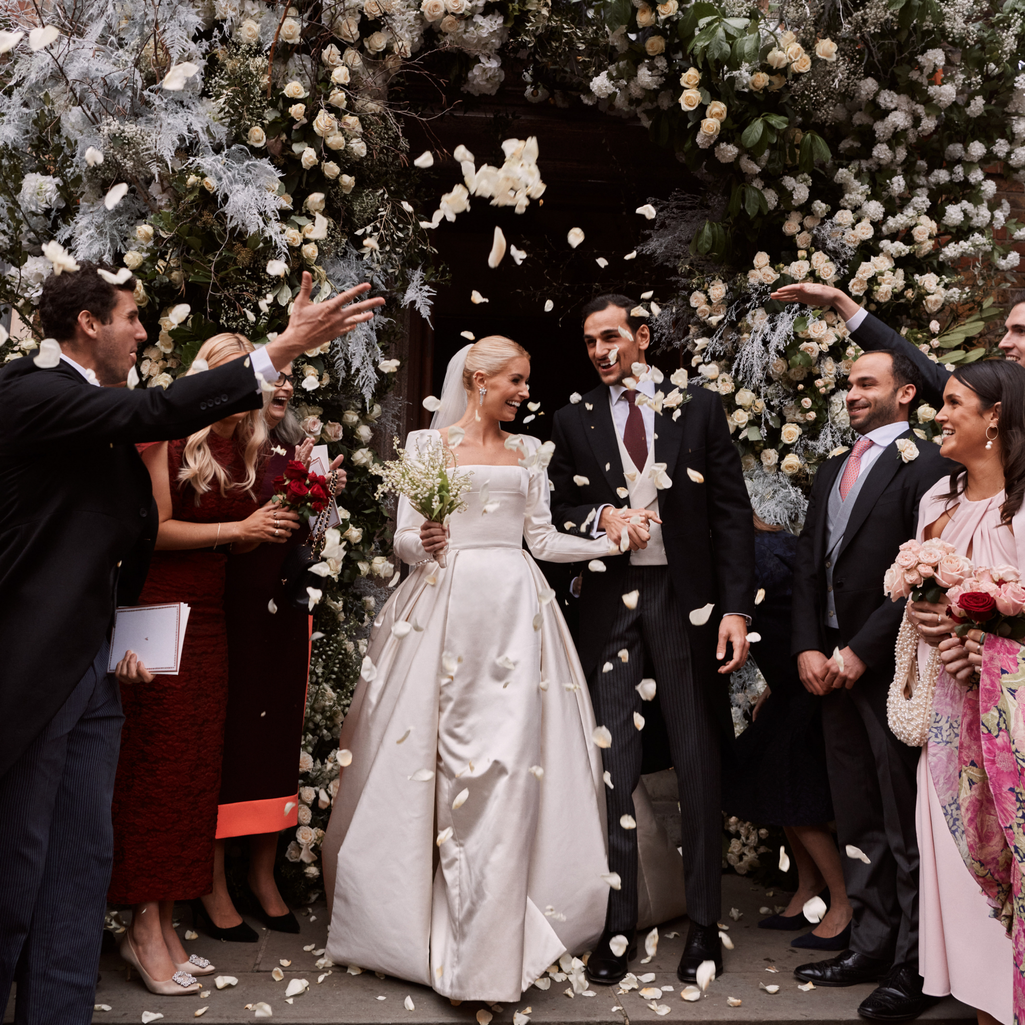 Phillipa Lepley Bride Madeleine Duchess Satin Square Neckline Bespoke Buttercup Lace Veil