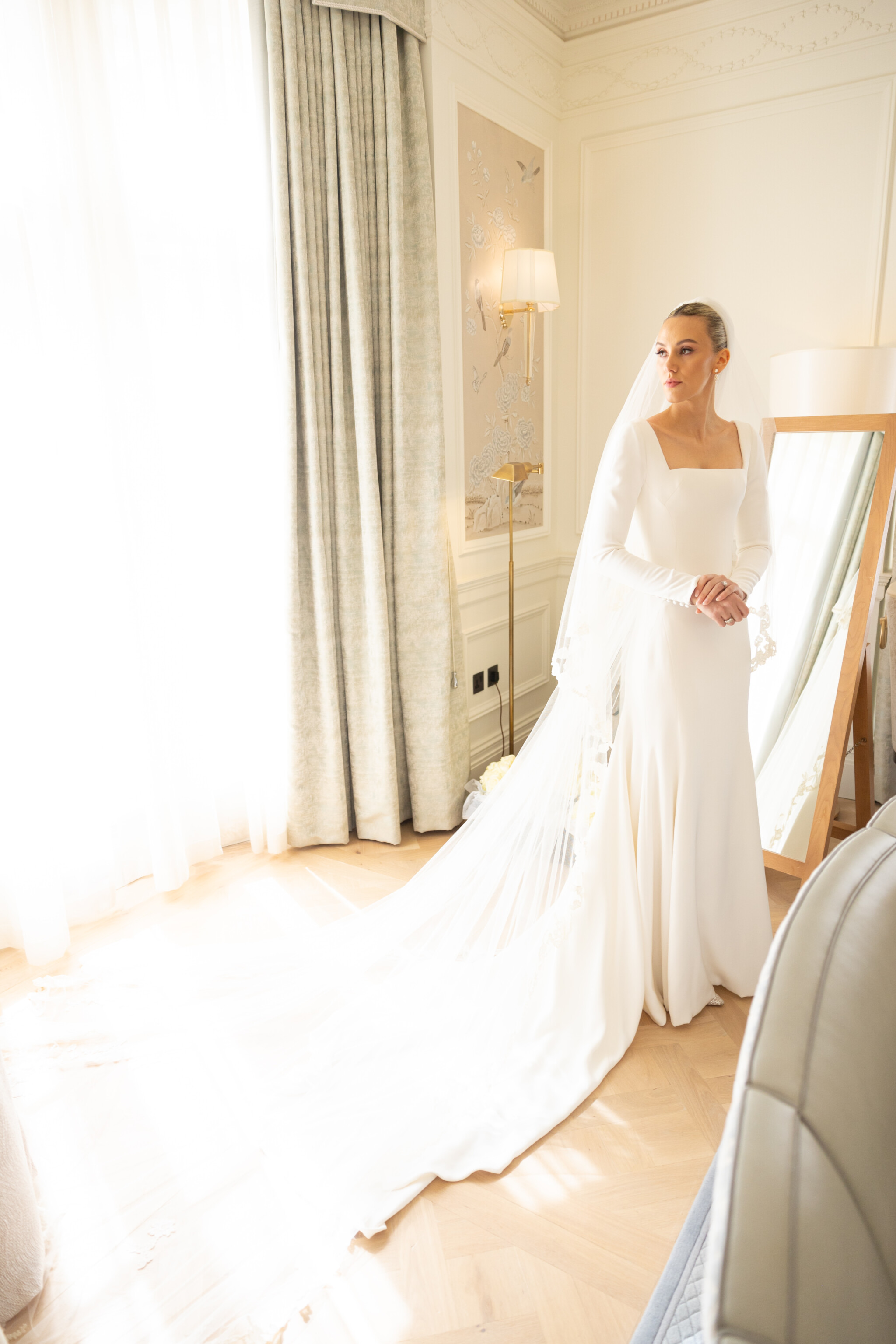 Phillipa Lepley Bride Sophia Silk Crepe Square Neckline Scroll Lace Veil