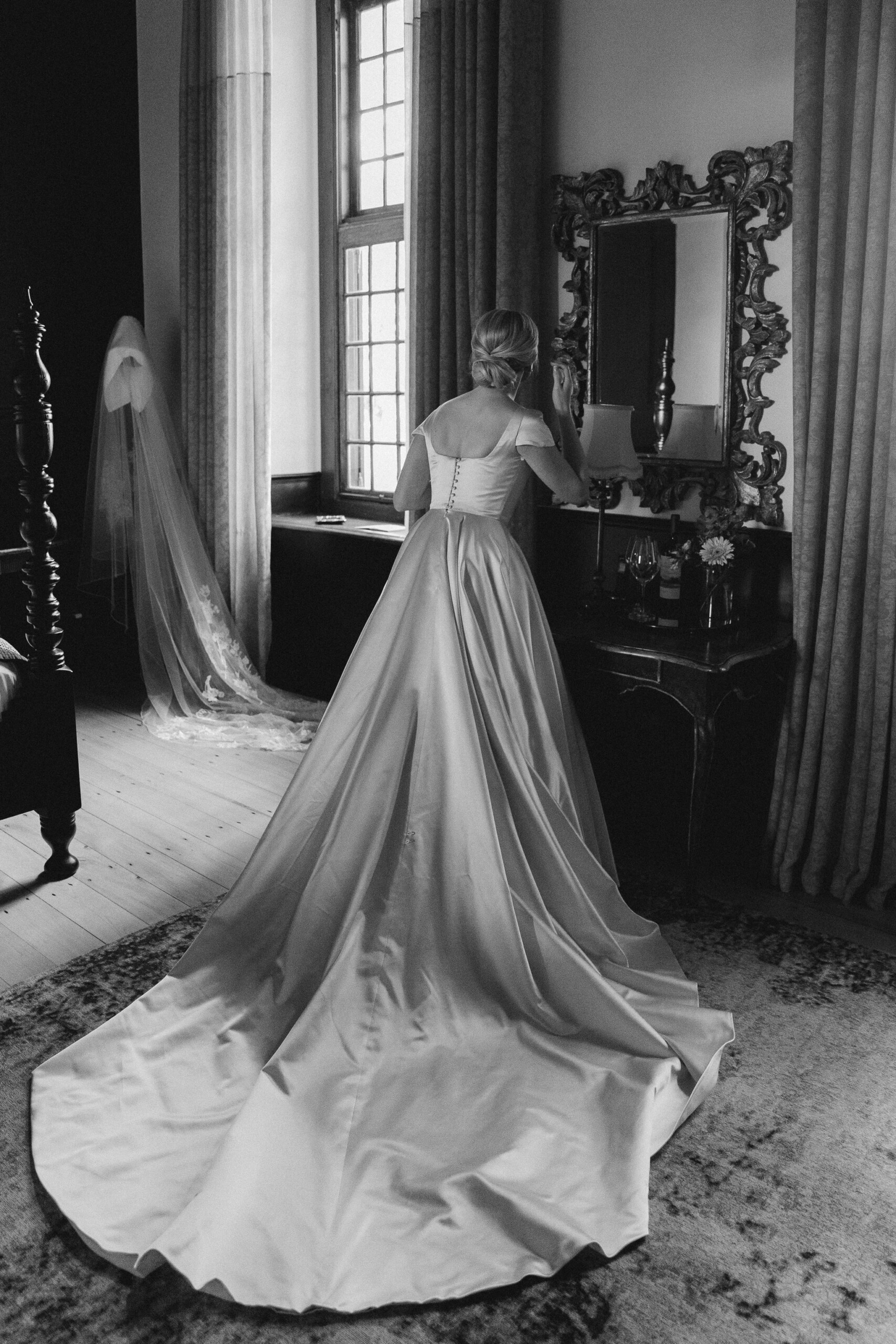 Phillipa Lepley Bride Caroline Duchess Satin Square Neckline Cap Sleeve Bespoke Wedding Dress