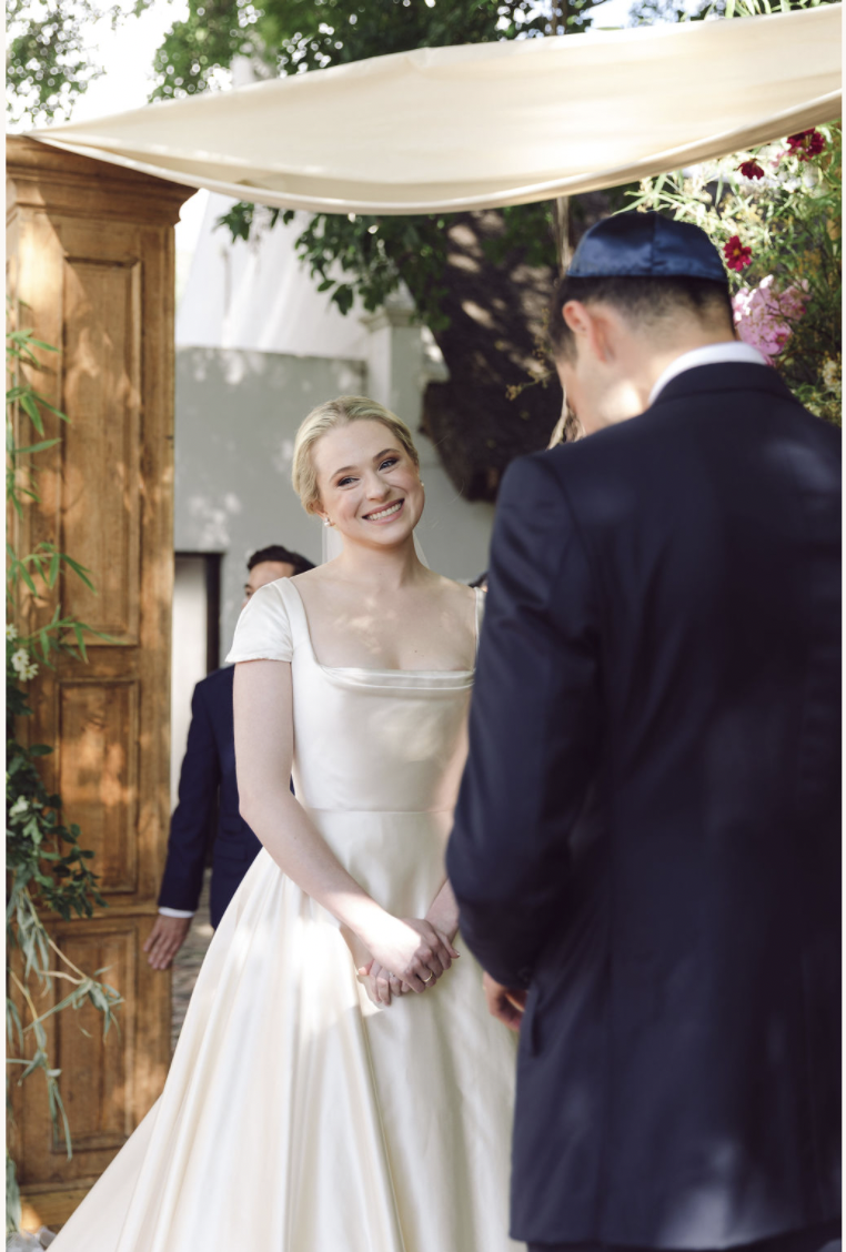 Phillipa Lepley Bride Caroline Duchess Satin Square Neckline Cap Sleeve Bespoke Wedding Dress