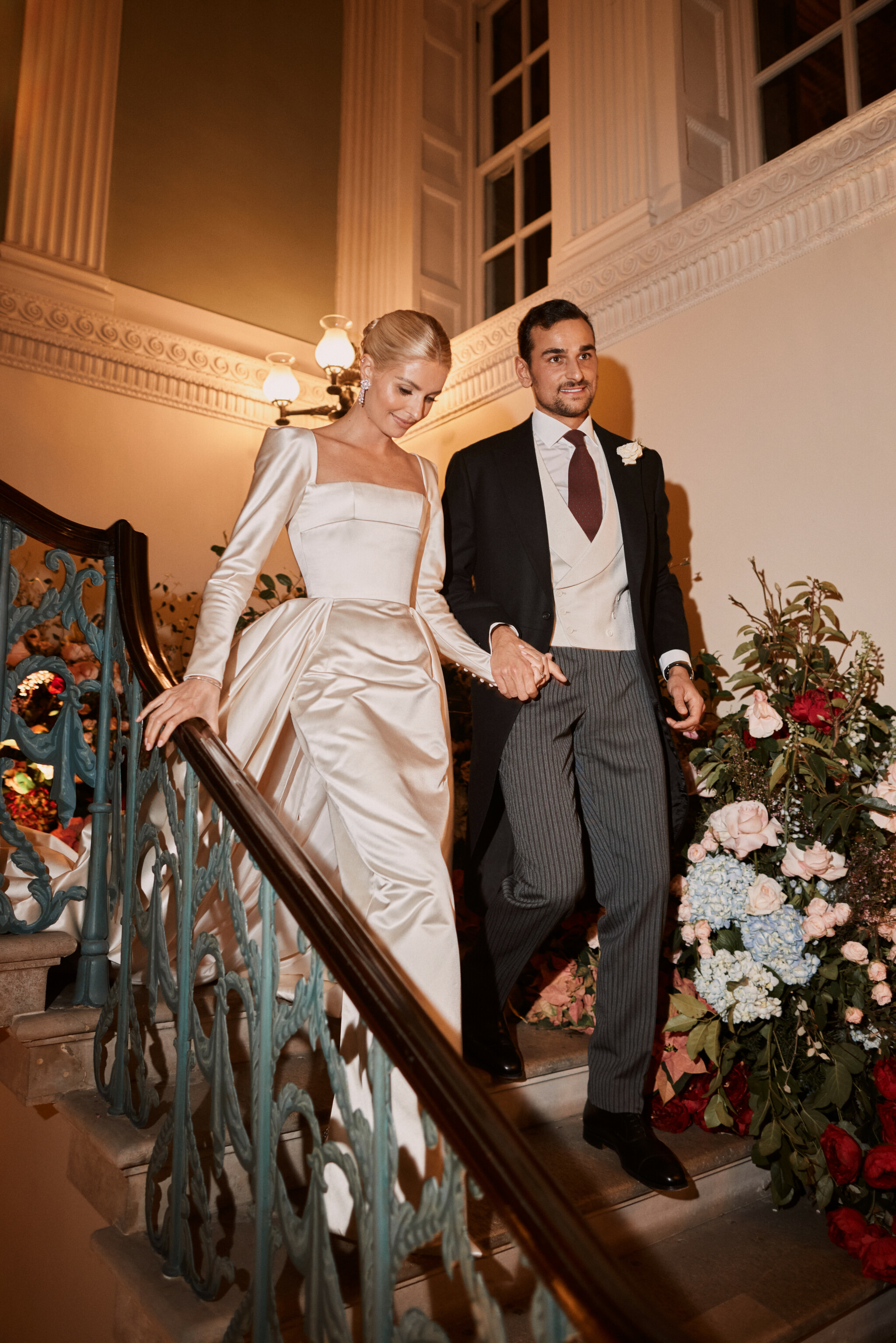 Phillipa Lepley Bride Madeleine Duchess Satin Square Neckline Bespoke Buttercup Lace Veil