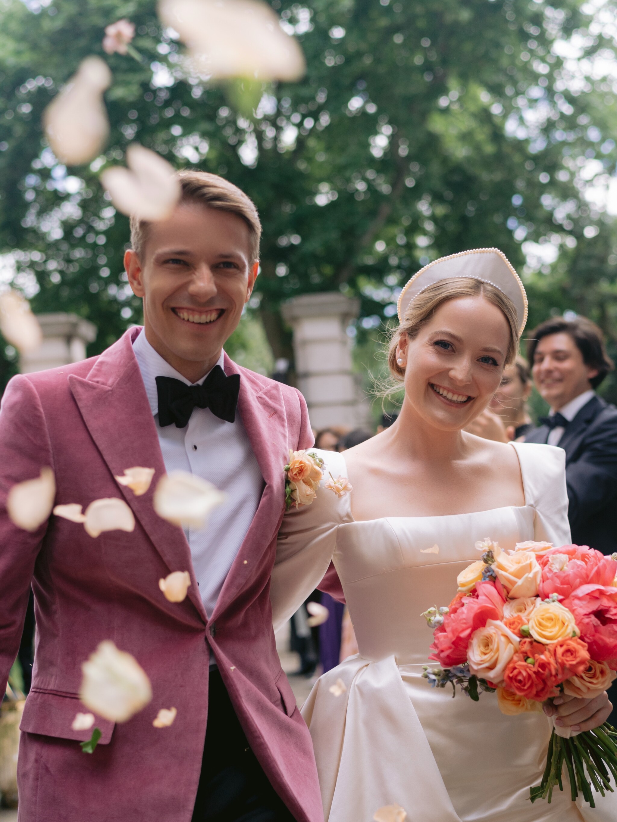 Phillipa Lepley Bride Maria Duchess Satin Square Neckline Wedding Dress Buttercup Lace Veil