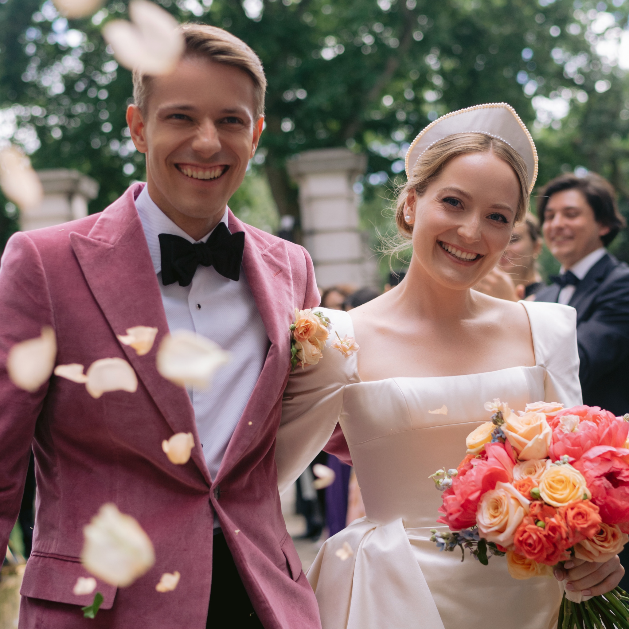 Phillipa Lepley Bride Maria Duchess Satin Square Neckline Wedding Dress Buttercup Lace Veil