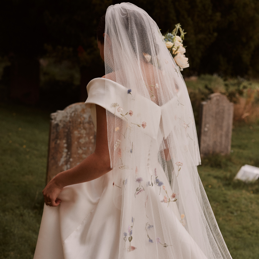 Phillipa Lepley bride Harriet Duchess Satin Off The Shoulder Wedding Dress Colourful Hand Embroidered Wildflower Meadow Veil