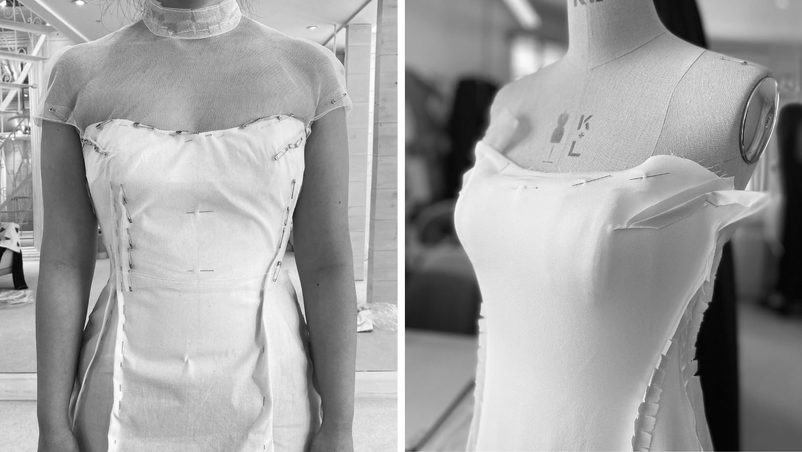 Phillipa Lepley Bride Haelin Bespoke Couture Bridal Fittings Process Embroidered High Neck Top and Gown